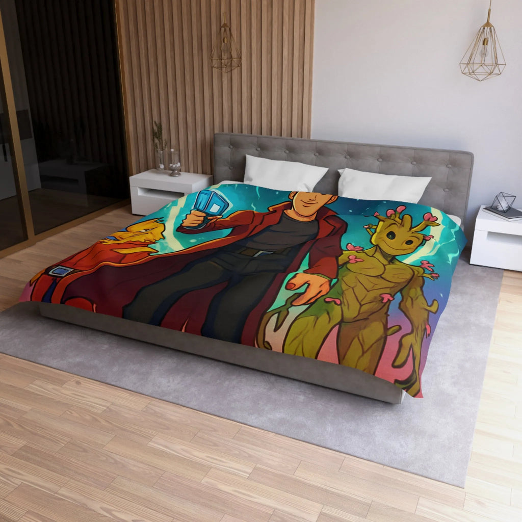 Housse de couette espace avec personnages héroïques colorés et univers rétro futuriste