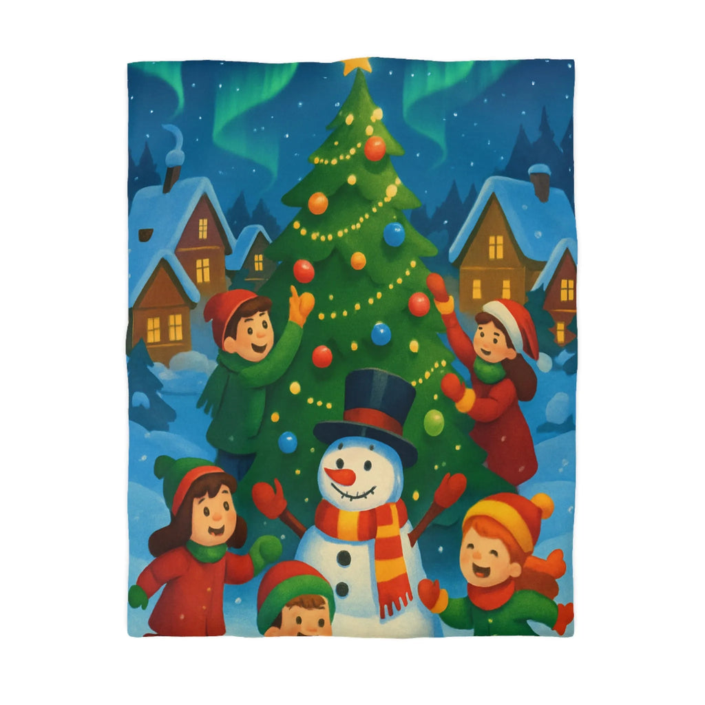 Housse de couette enfants scène festive avec bonhomme de neige et aurore boréale lumineuse