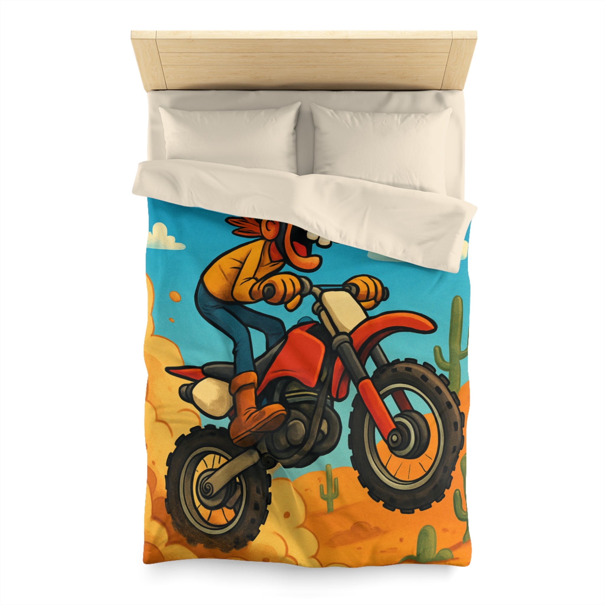 Motard animé sur motocross sautant à travers désert coloré avec cactus et nuages