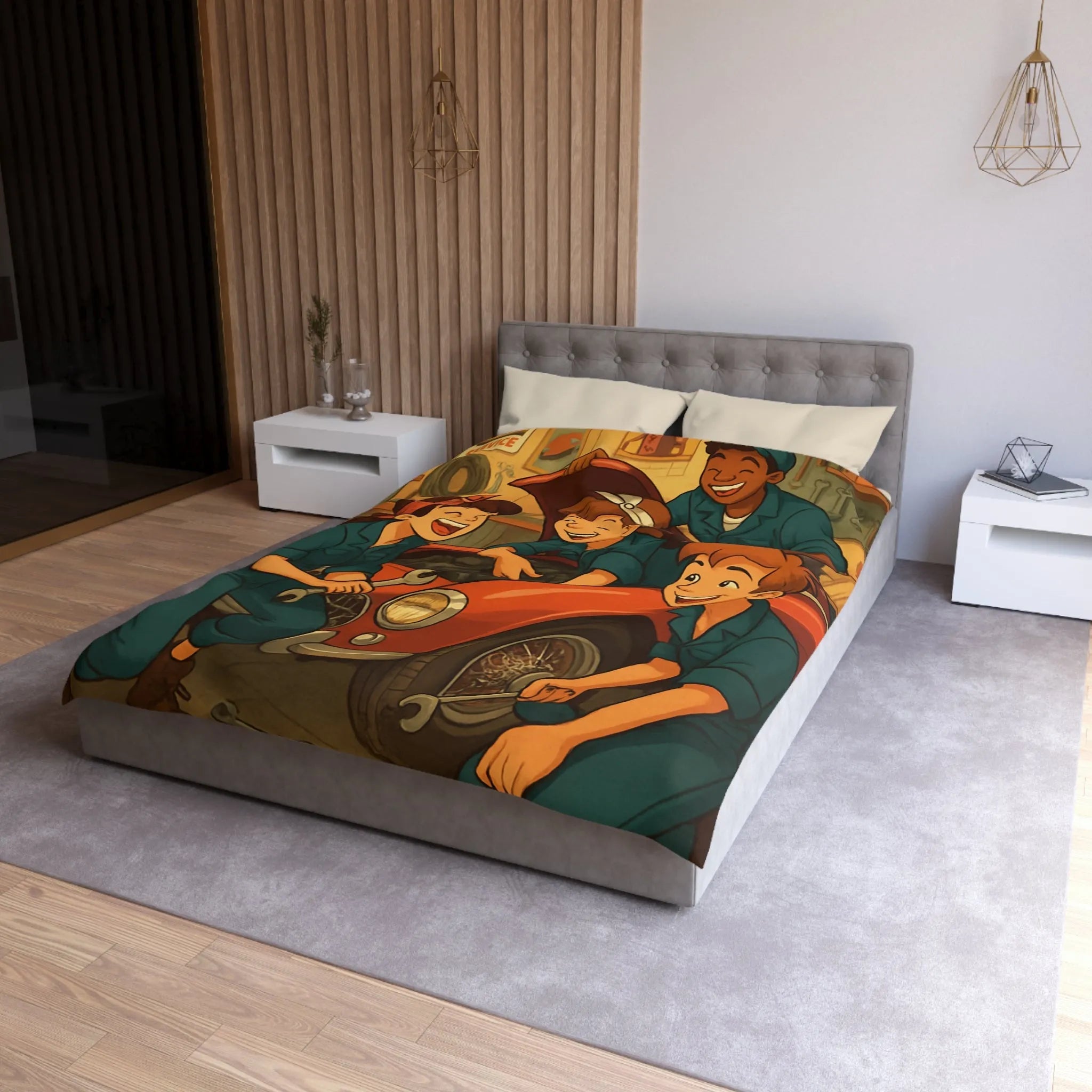 Housse de couette atelier mécanique vintage avec jeunes mécaniciens et voiture rouge joyeuse