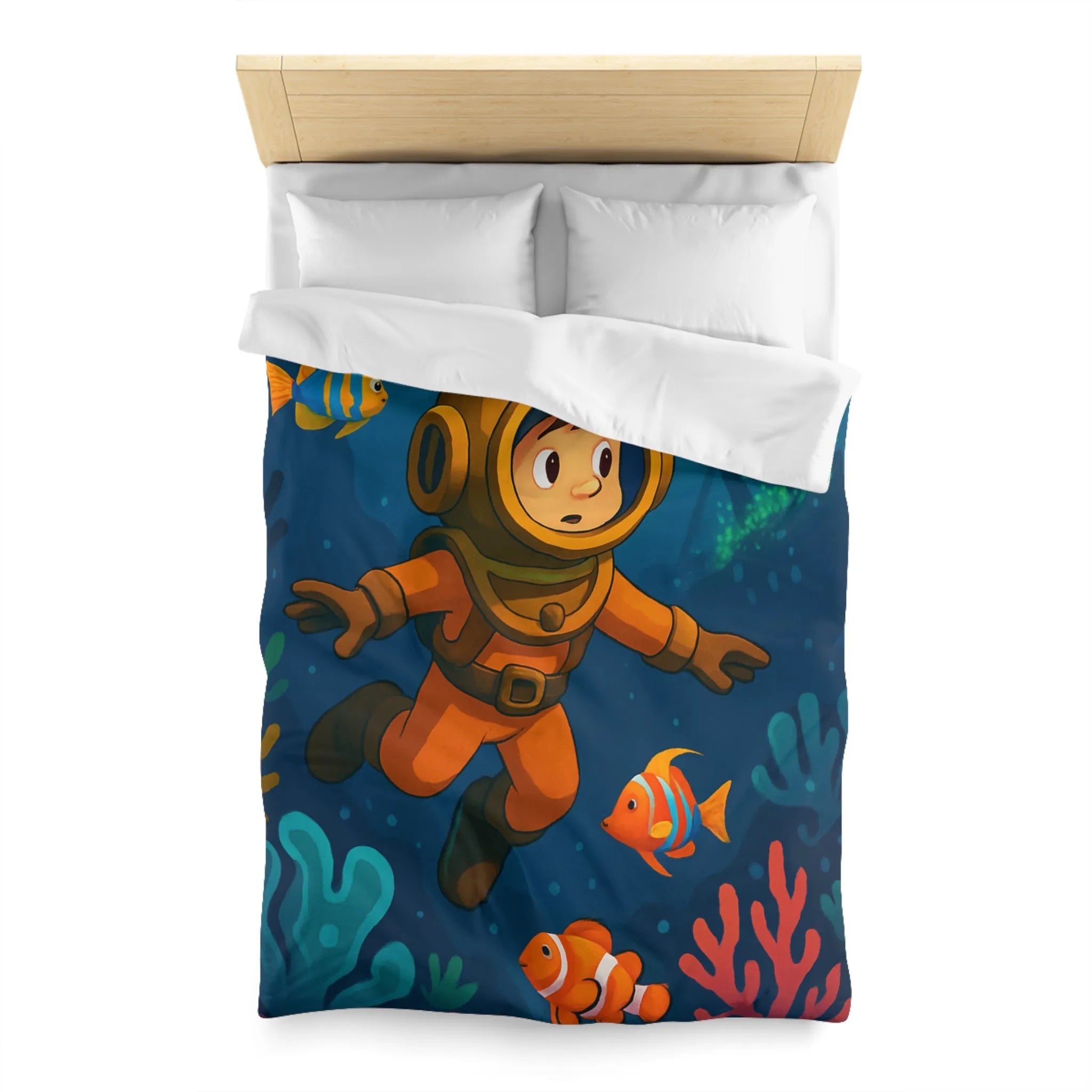 Housse de couette colorée enfant : plongeur sous-marin, poissons tropicaux et épave mystérieuse