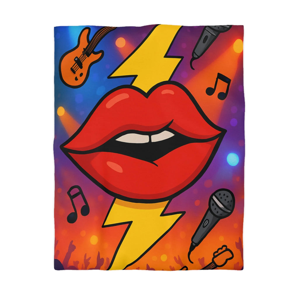 Housse de couette design rock multicolore avec lèvres éclairs, micros et guitares