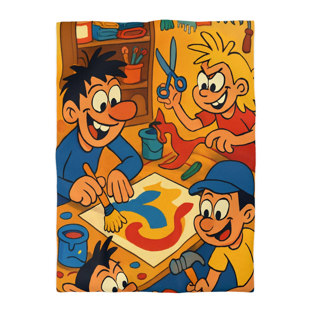 Housse de couette coloriée ludique avec enfants joyeux peignant et créant ensemble dans atelier