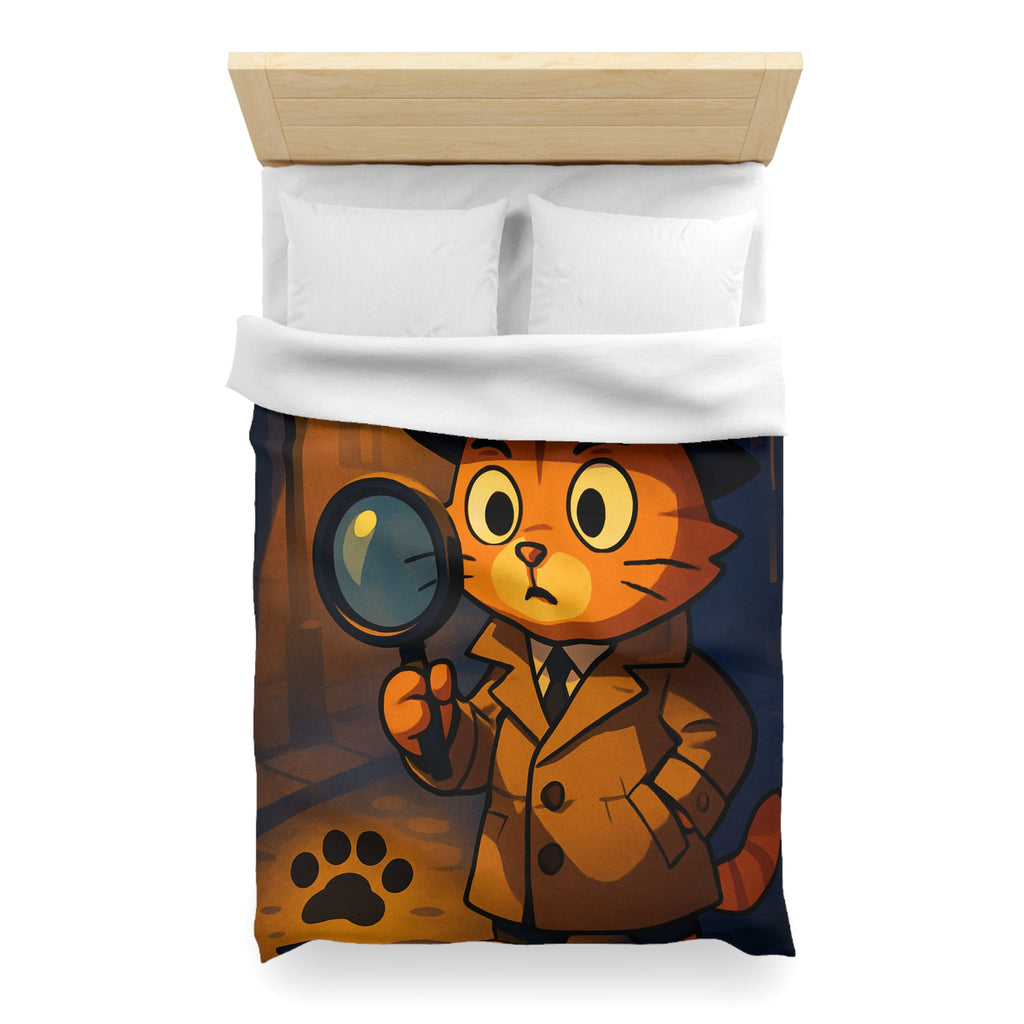 Housse de couette motif chat détective illustré avec lampe et empreinte mystérieuse