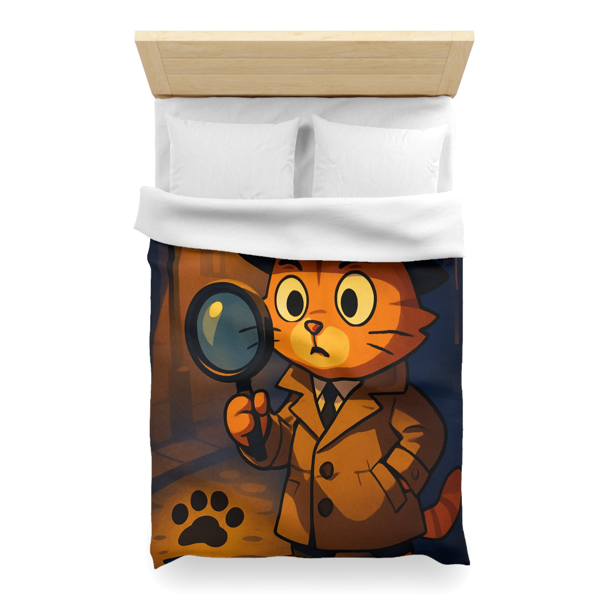 Housse de couette motif chat détective illustré avec lampe et empreinte mystérieuse