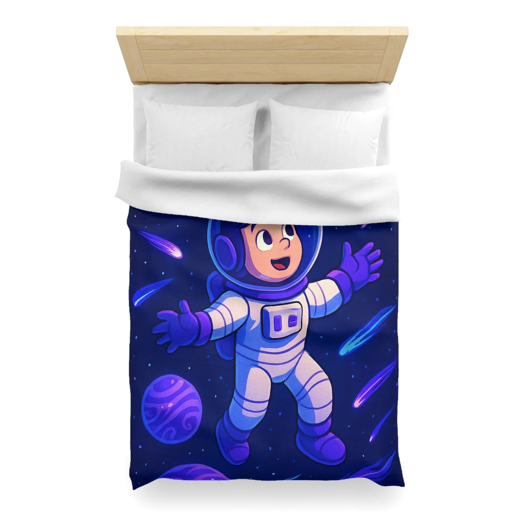 Housse de couette enfant thème espace avec astronaute et planètes colorées violettes