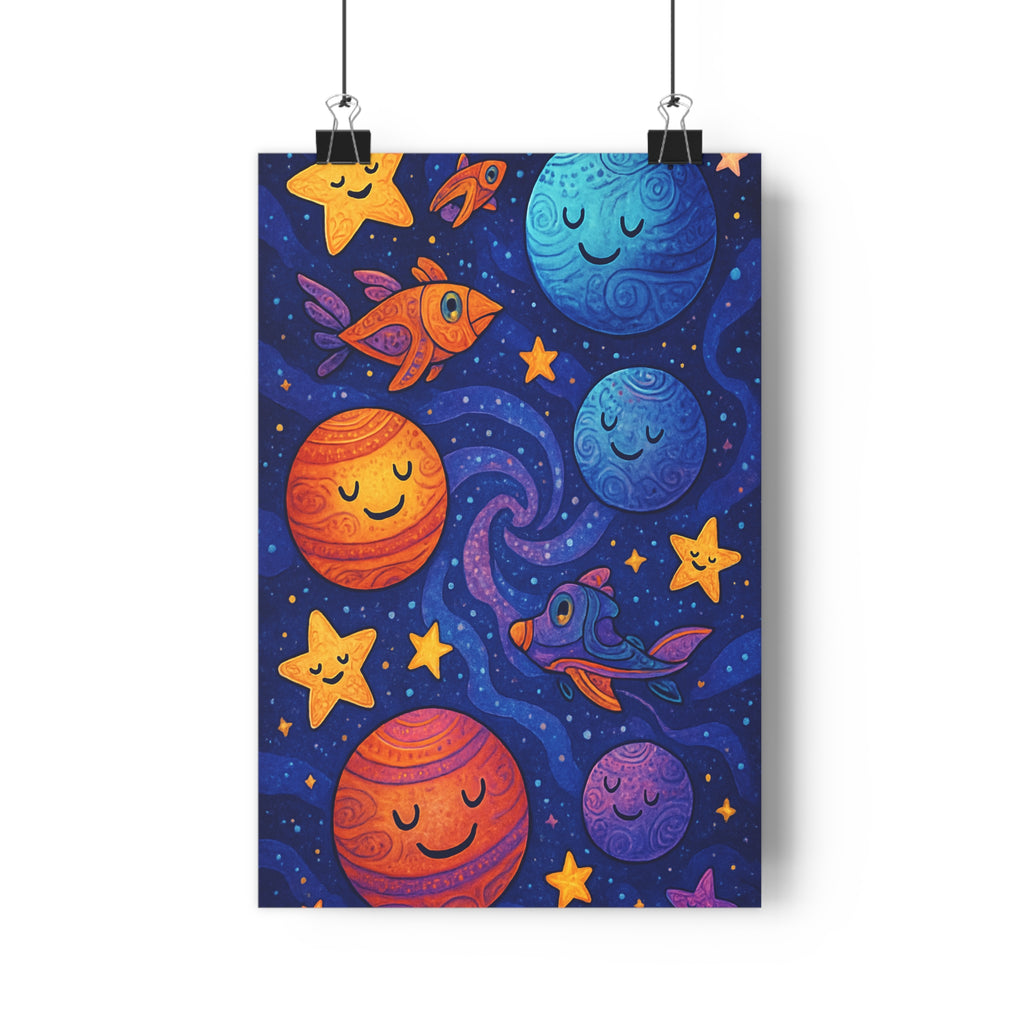 Poster décoratif cartoon orange bleu violet joyeux enfant espace créatif chambre sciencefiction 30x46 qualité