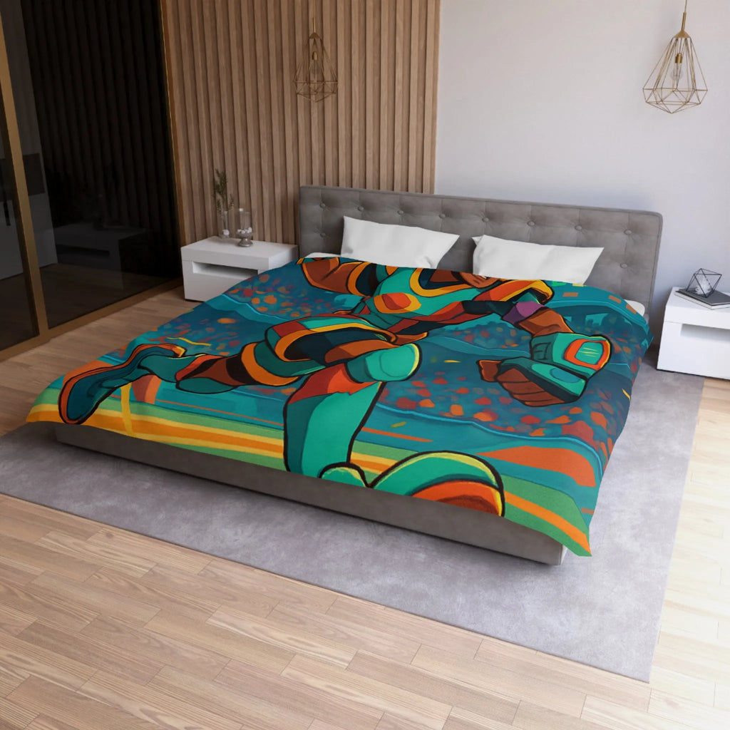 Housse de couette colorée avec joueur futuriste en action dans un stade dynamique