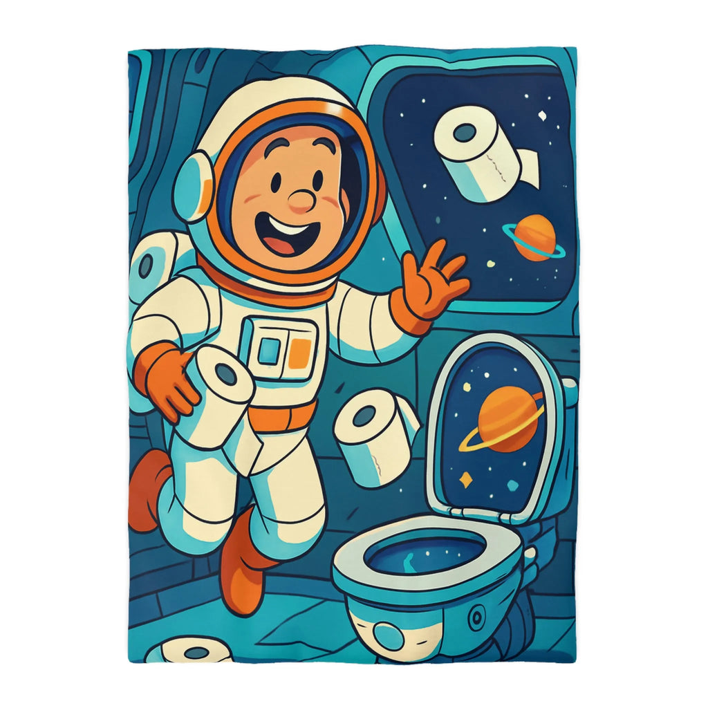 Housse de couette avec astronaute joyeux en cabine spatiale avec rouleaux flottants