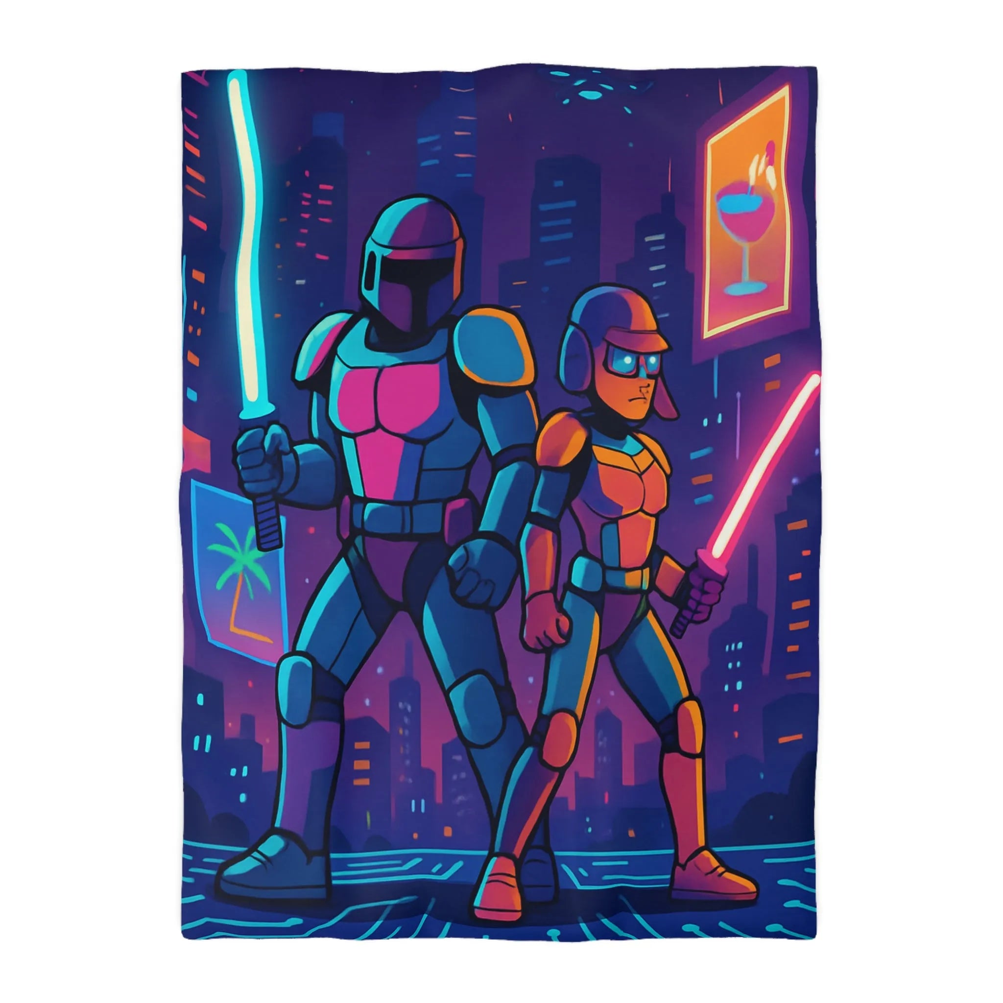 Épique housse de couette futuriste avec guerriers néon et skyline de science-fiction