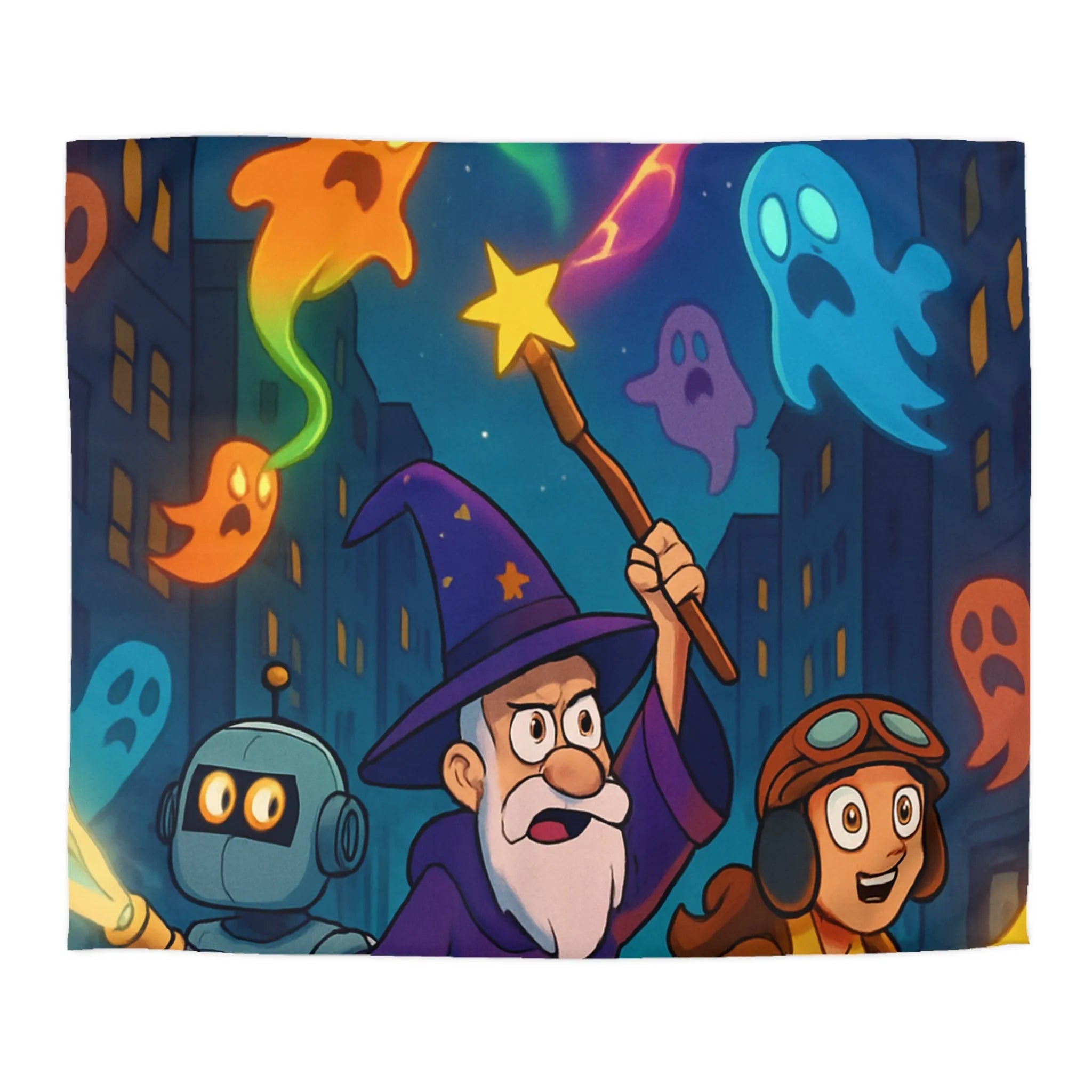 Housse de couette magique avec fantômes colorés, sorcier et robot aventureux en ville nocturne