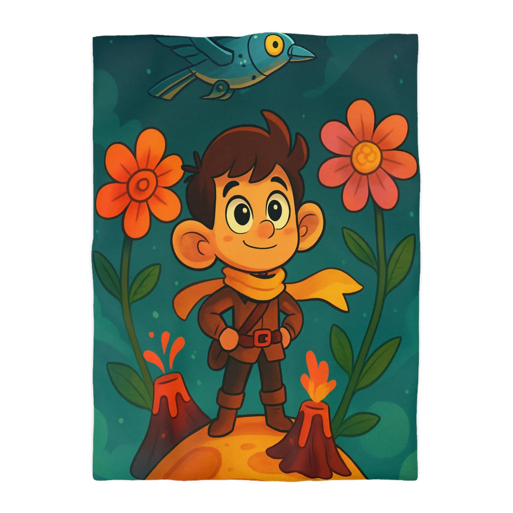 Housse de Couette Enfantine : Aventure Fantastique sur Volcan Fleuri Coloré et Amusant