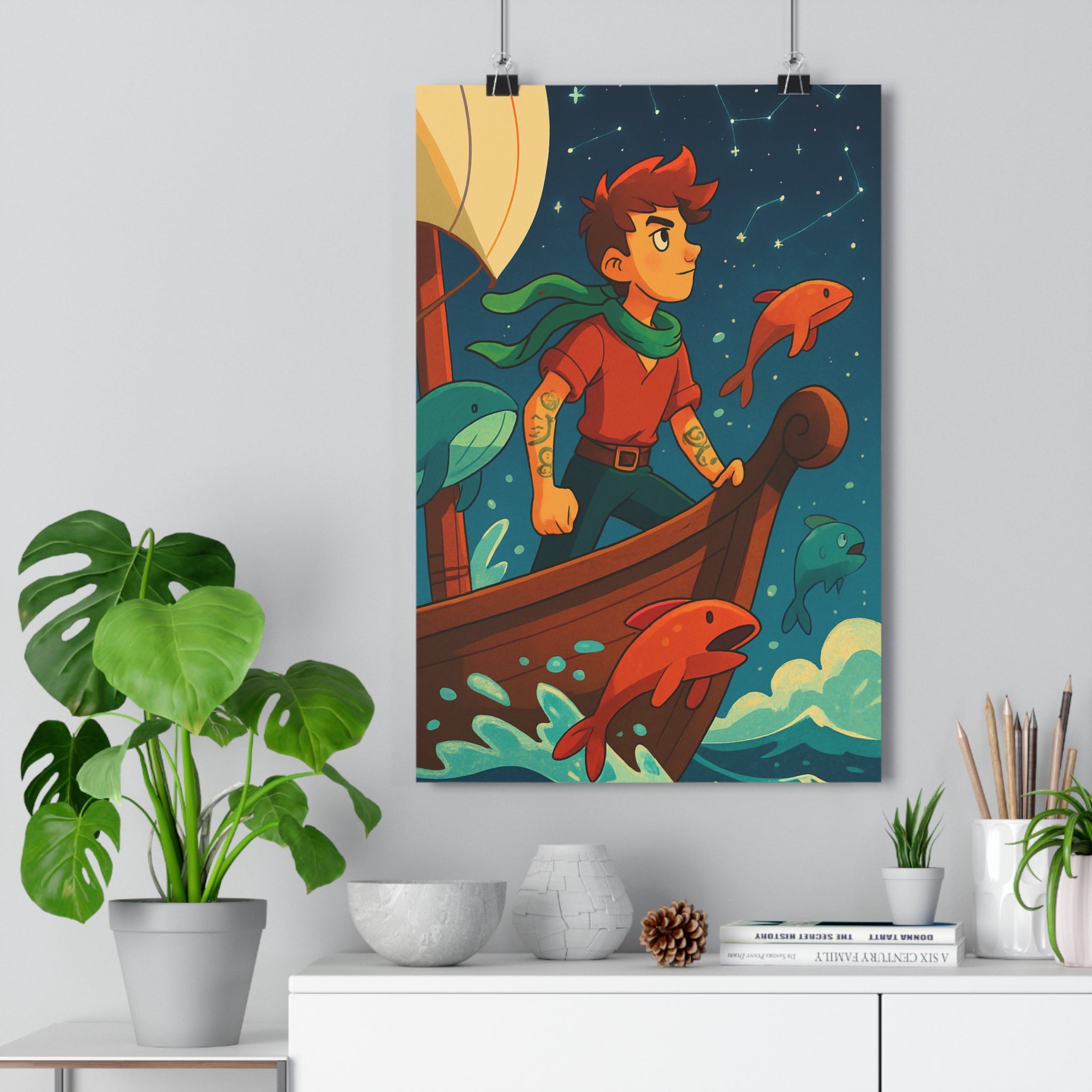 Poster décoratif fantaisie pastel naviguant aventure ciel étoilé enfant chambre bureau 30x46 cm qualité