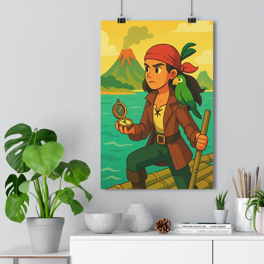 Poster décoratif aventure exotique pirate mer turquoise perroquet ciel jaune bambou chambre coloré dynamique