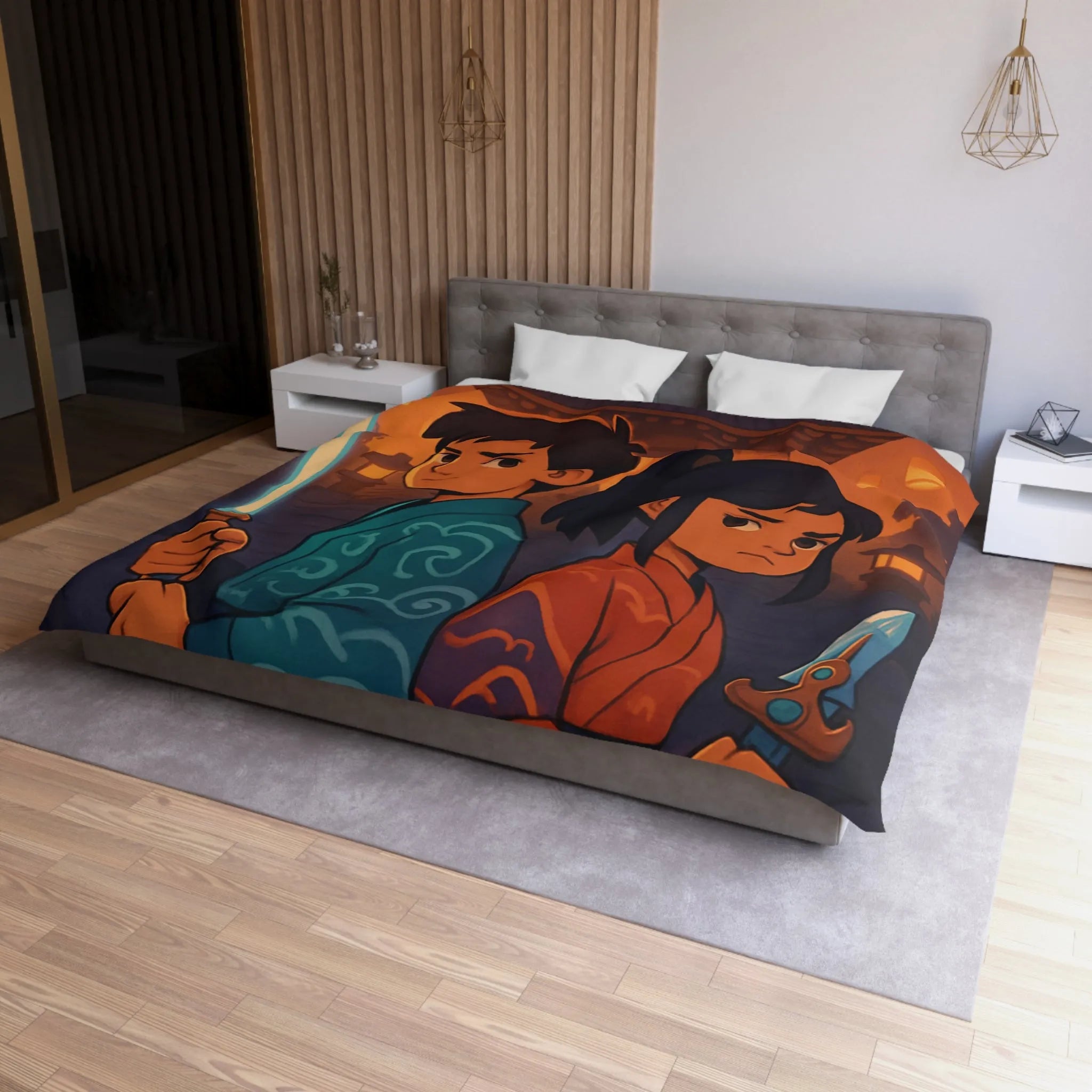 Housse de couette avec enfants guerriers, lanterne céleste, temple ancien, ambiance mystique