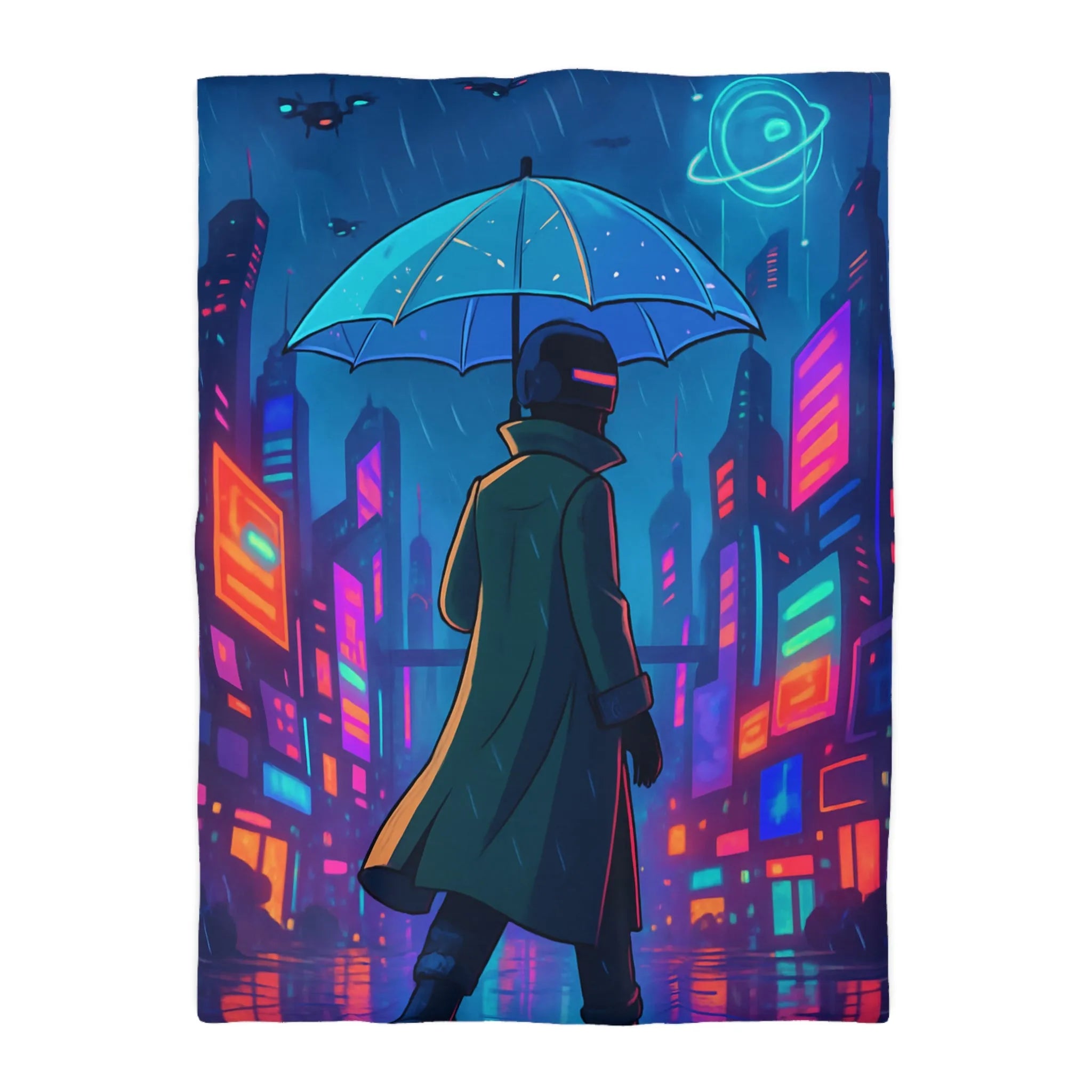 Housse de Couette Design Futuriste Ville Néon avec Parapluie et Pluie Nocturne