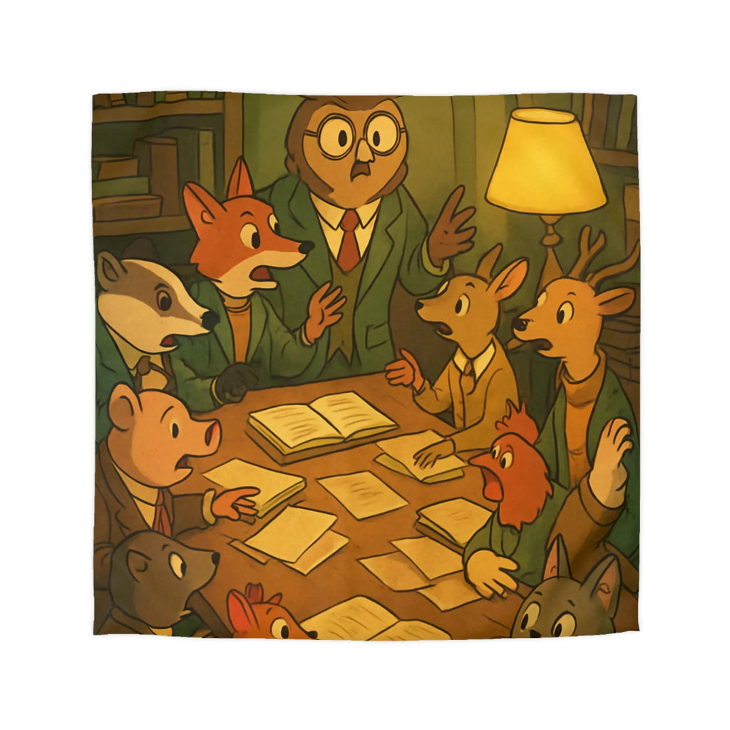 Housse de couette illustrée avec animaux érudits en réunion bibliothèque vintage