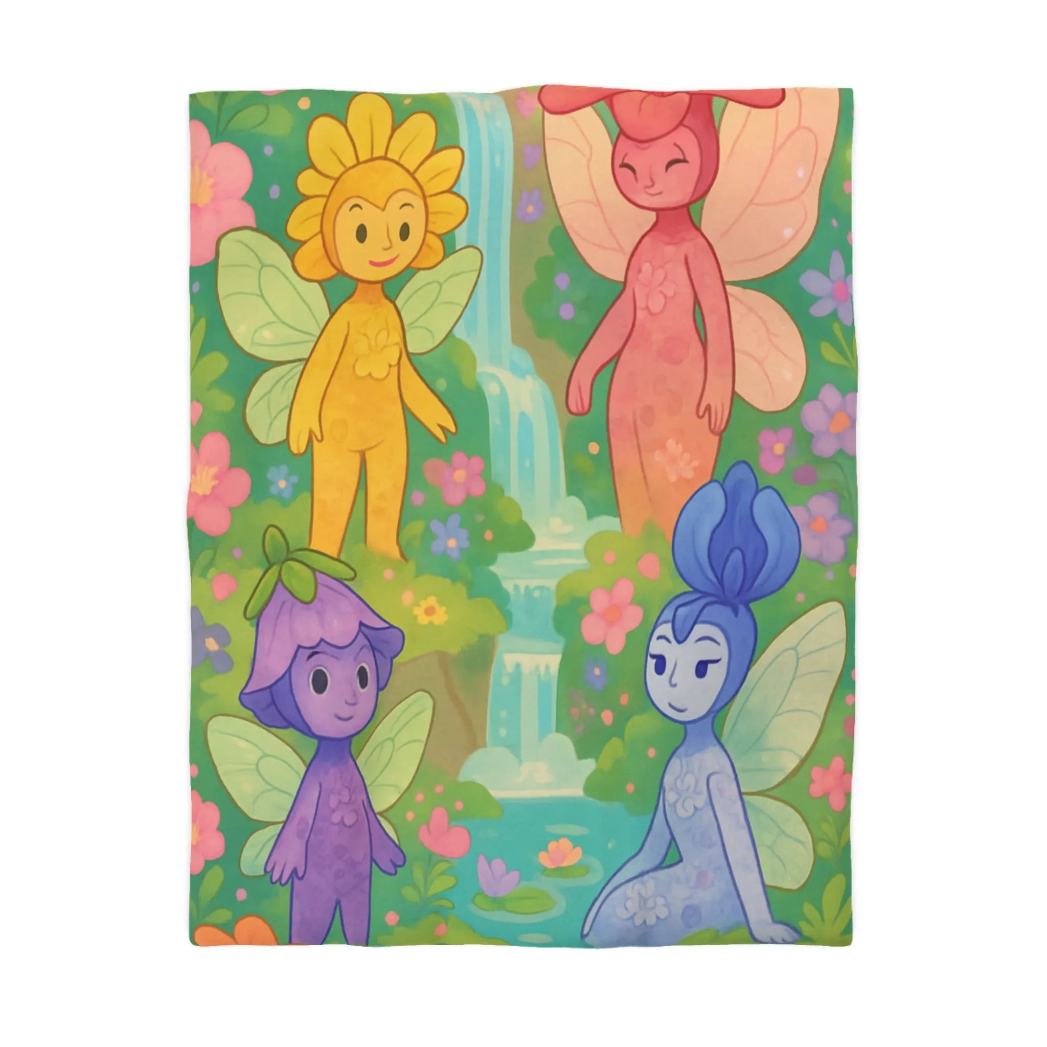 Housse de couette enchantée élégante avec fées colorées et cascade en arrière-plan