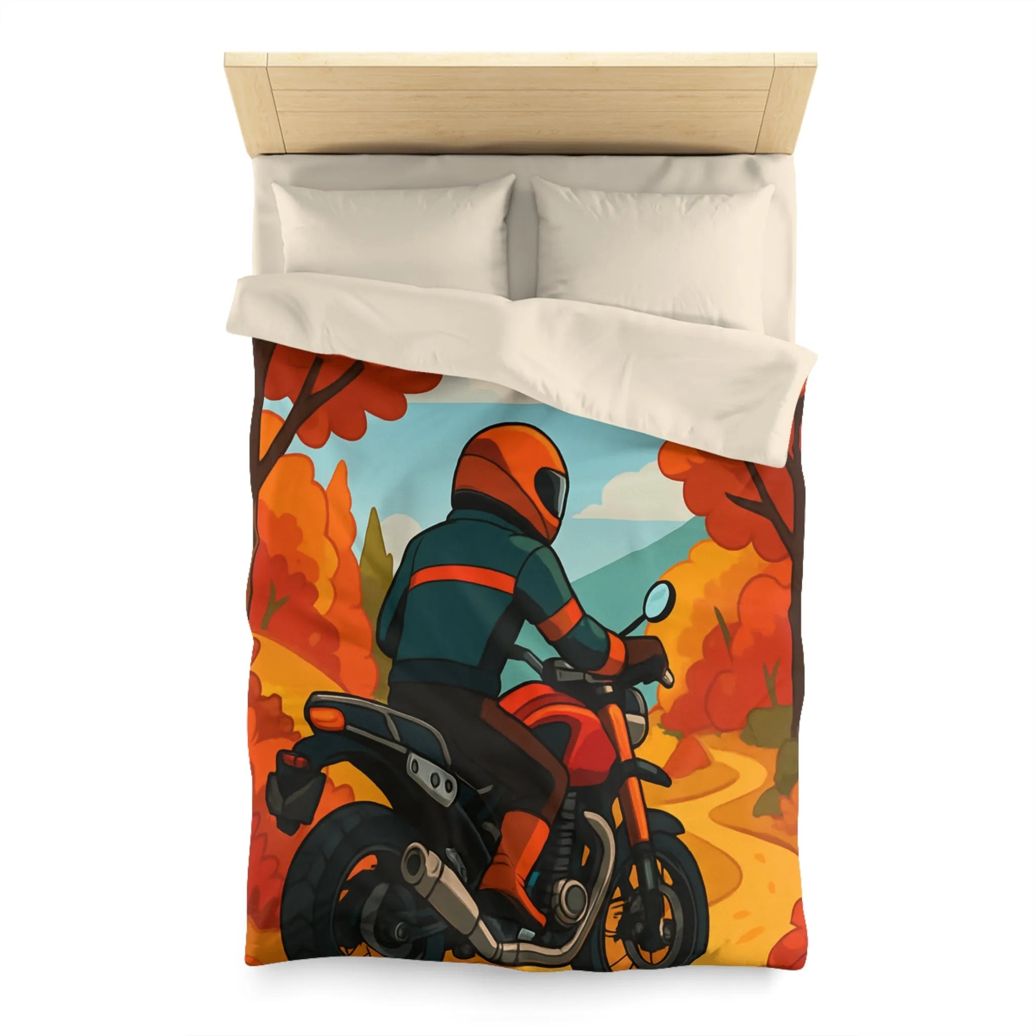 Housse de couette avec motif automnal de motard et nature aux couleurs vives