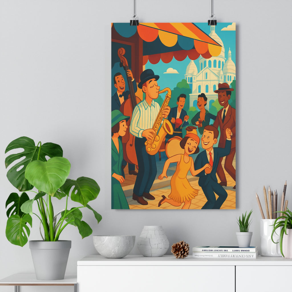 Poster décoratif jazz Paris rétro cartoon bleu jaune rouge joyeux salon chambre ambiance unique