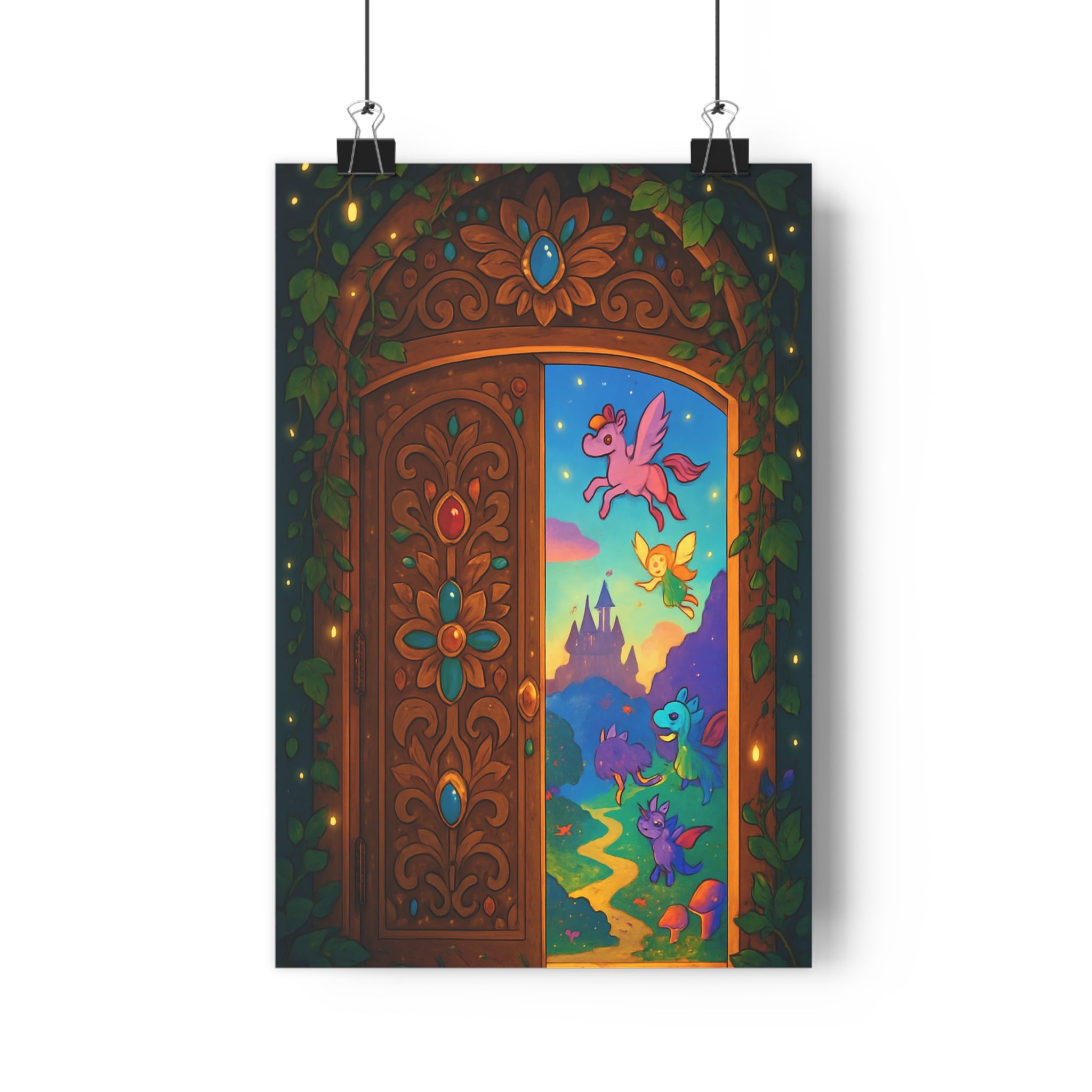 Poster décoratif enchanteur féerique bois sculpté pierres précieuses créatures magiques fée pégase couleur fantastique