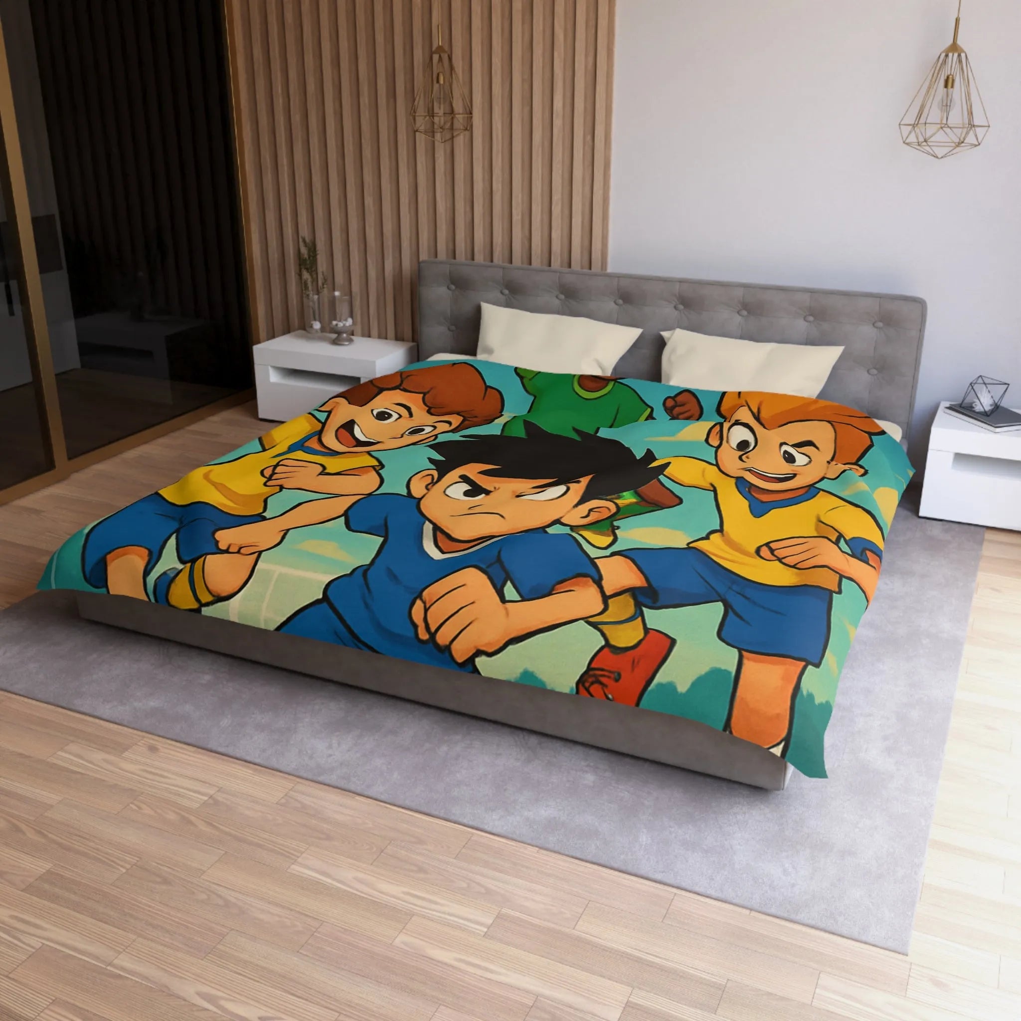 Housse de couette football enthousiaste pour enfants avec joueurs en action et ciel bleu