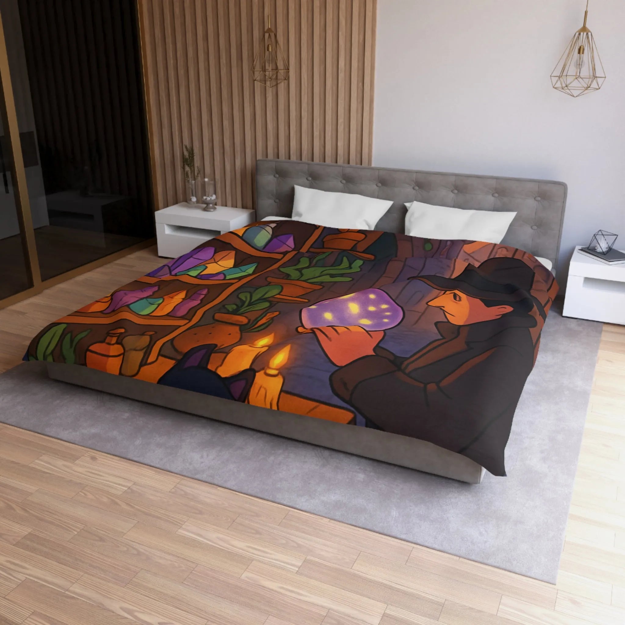 Housse de couette élégante avec scène mystique de ruelle et chat noir