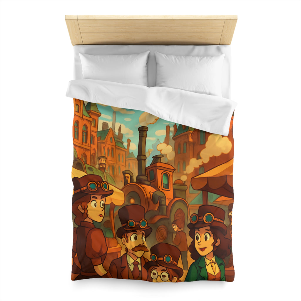 Housse de couette steampunk rétro avec famille, dirigeables et ville victorienne animée