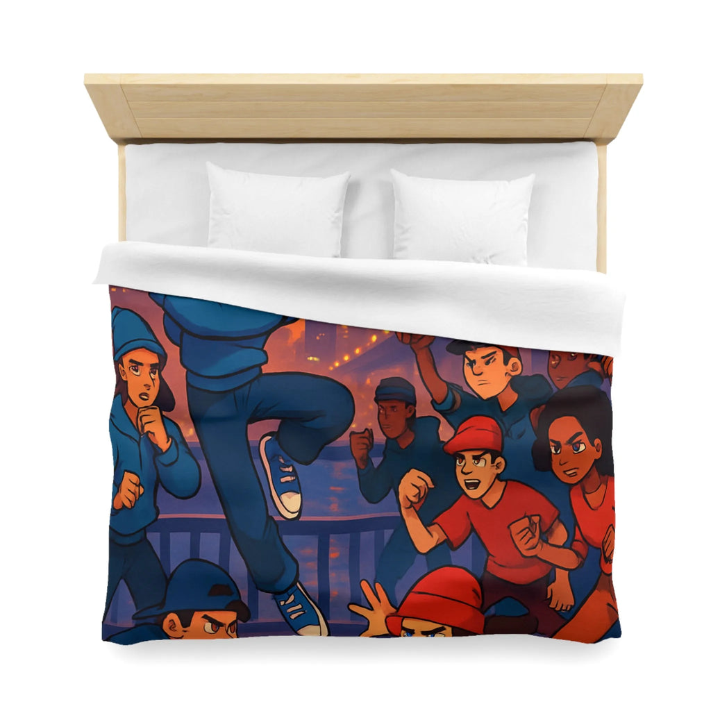 Housse de couette illustrée avec danseurs urbains dynamiques sur fond de pont illuminé