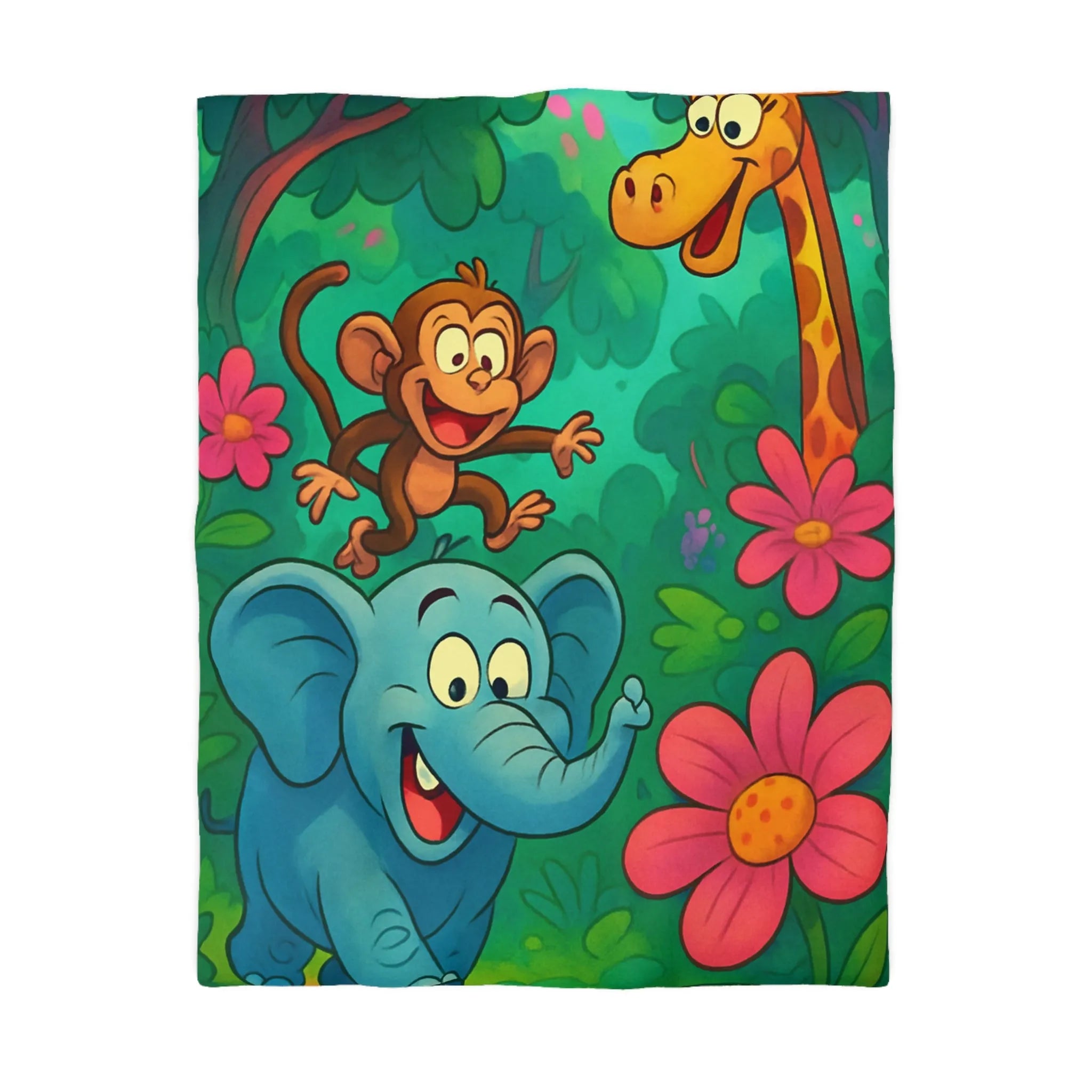 Housse de couette jungle avec animaux colorés pour chambre d'enfant, motif éléphant et girafe