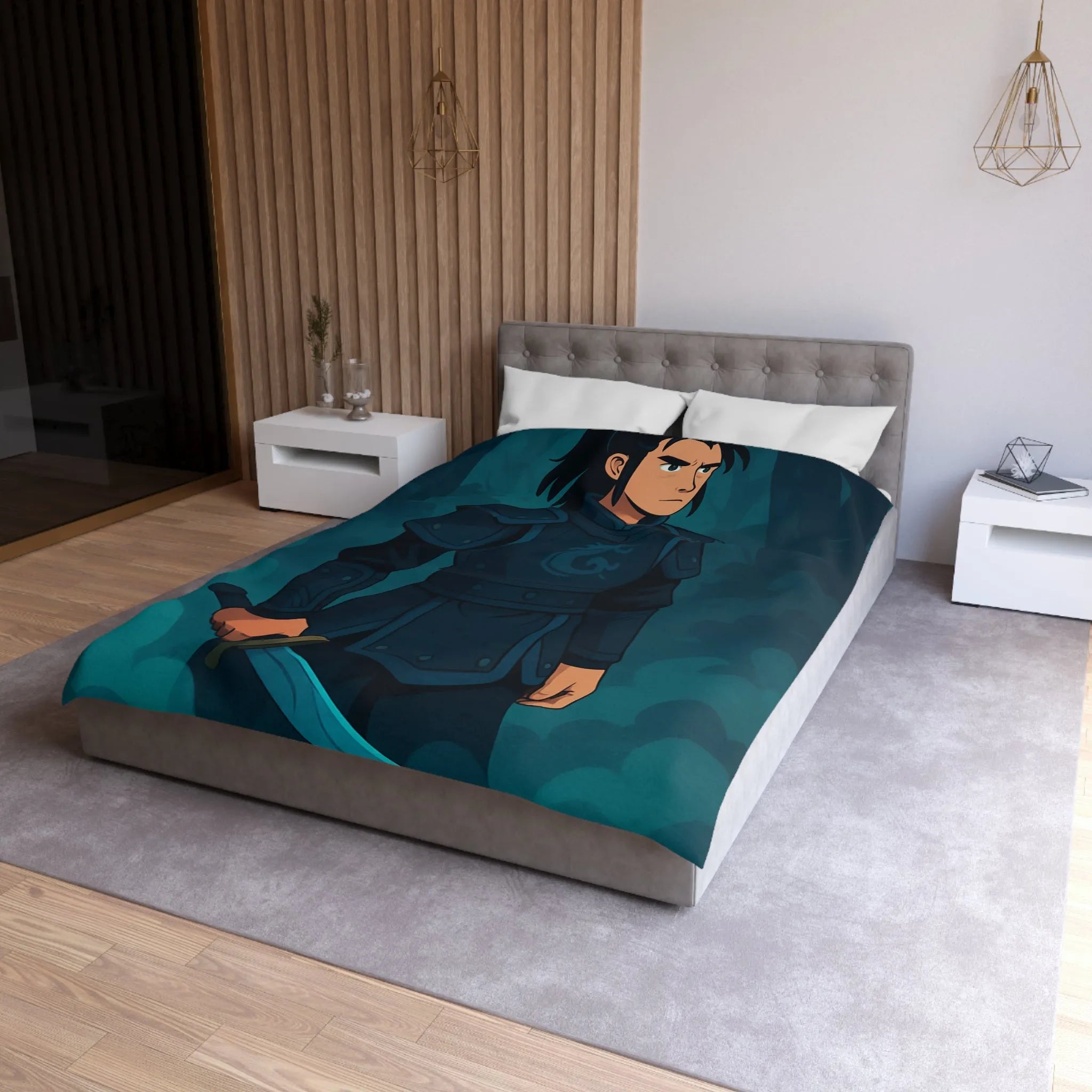 Housse de couette avec illustration guerrier en armure et épée dans la forêt magique