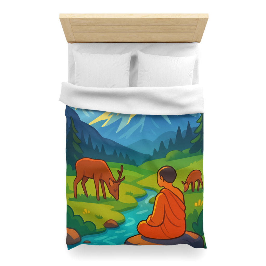 Housse de couette zen avec paysage montagneux, moine, cerfs et rivière tranquille