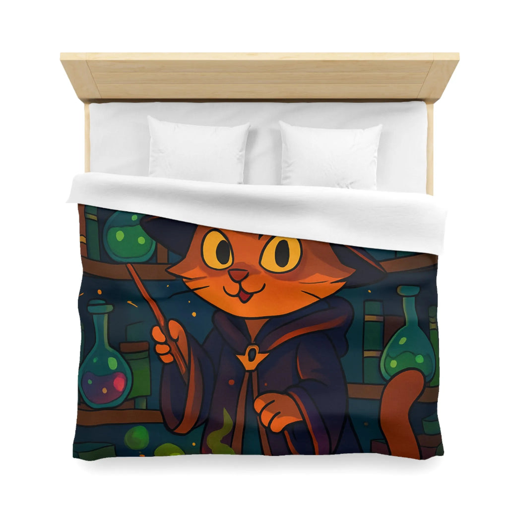 Housse de couette féline magique avec chat sorcier et chaudron dans bibliothèque colorée
