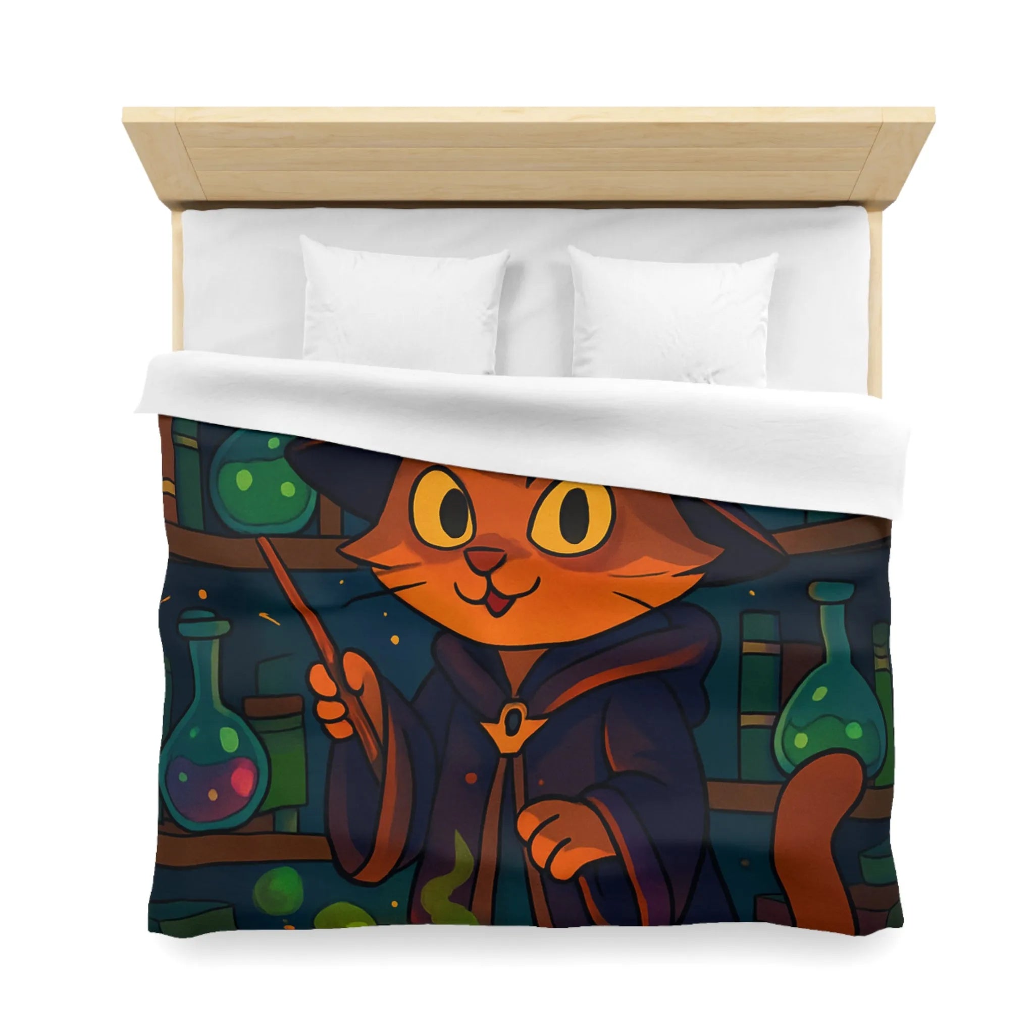 Housse de couette féline magique avec chat sorcier et chaudron dans bibliothèque colorée