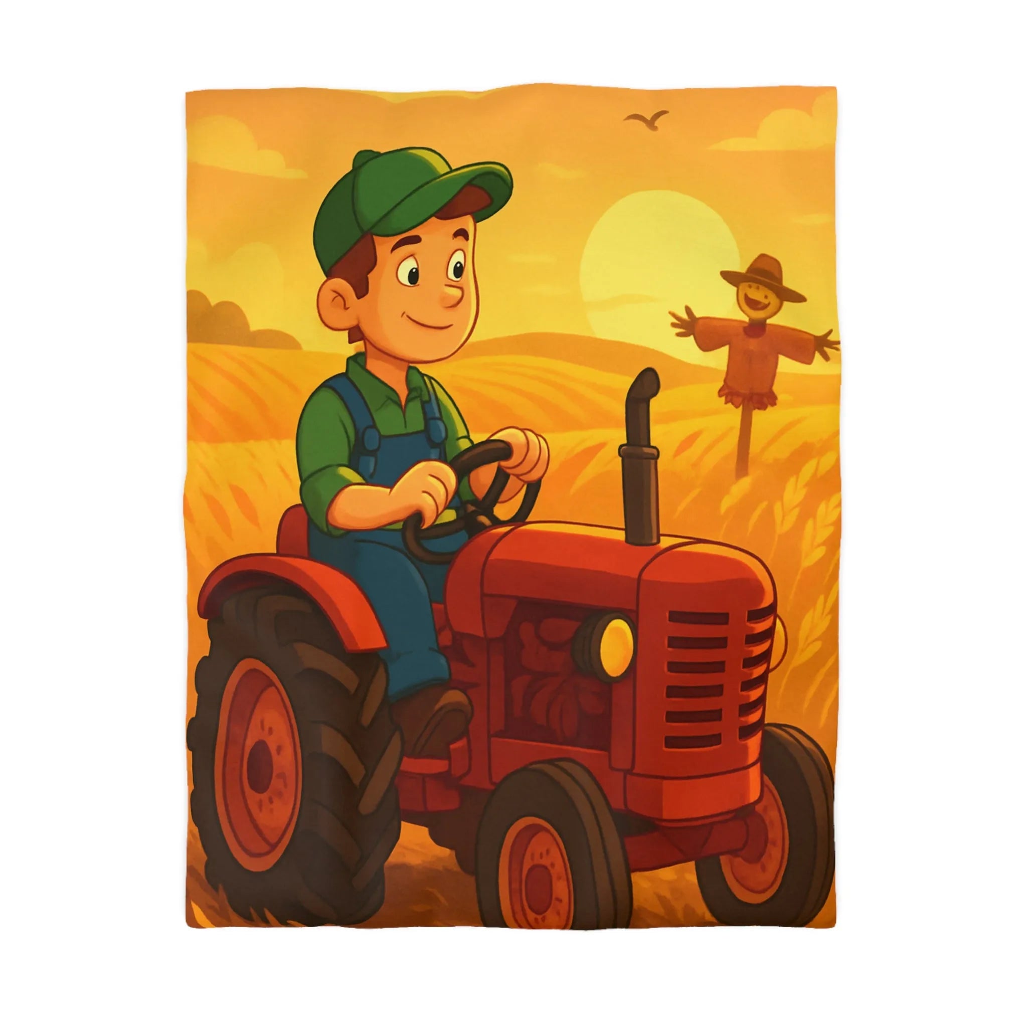 Housse de couette avec motif champêtre : tracteur, épouvantail et champ sous soleil couchant