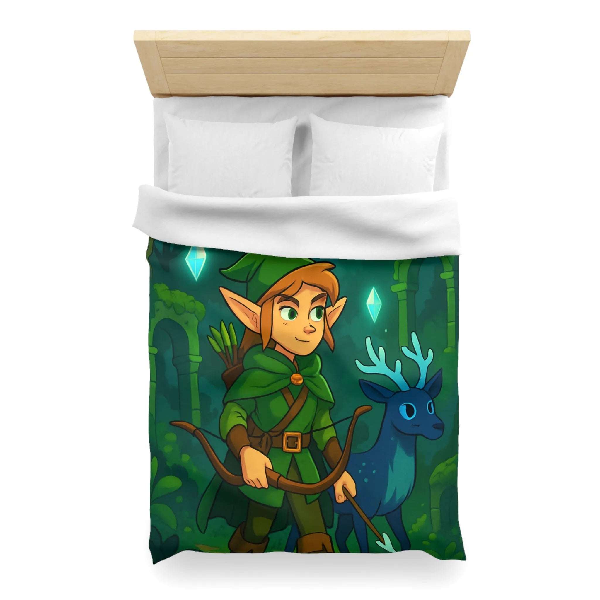 Housse de couette forêt enchantée avec lutin et cerf sous lune brillante