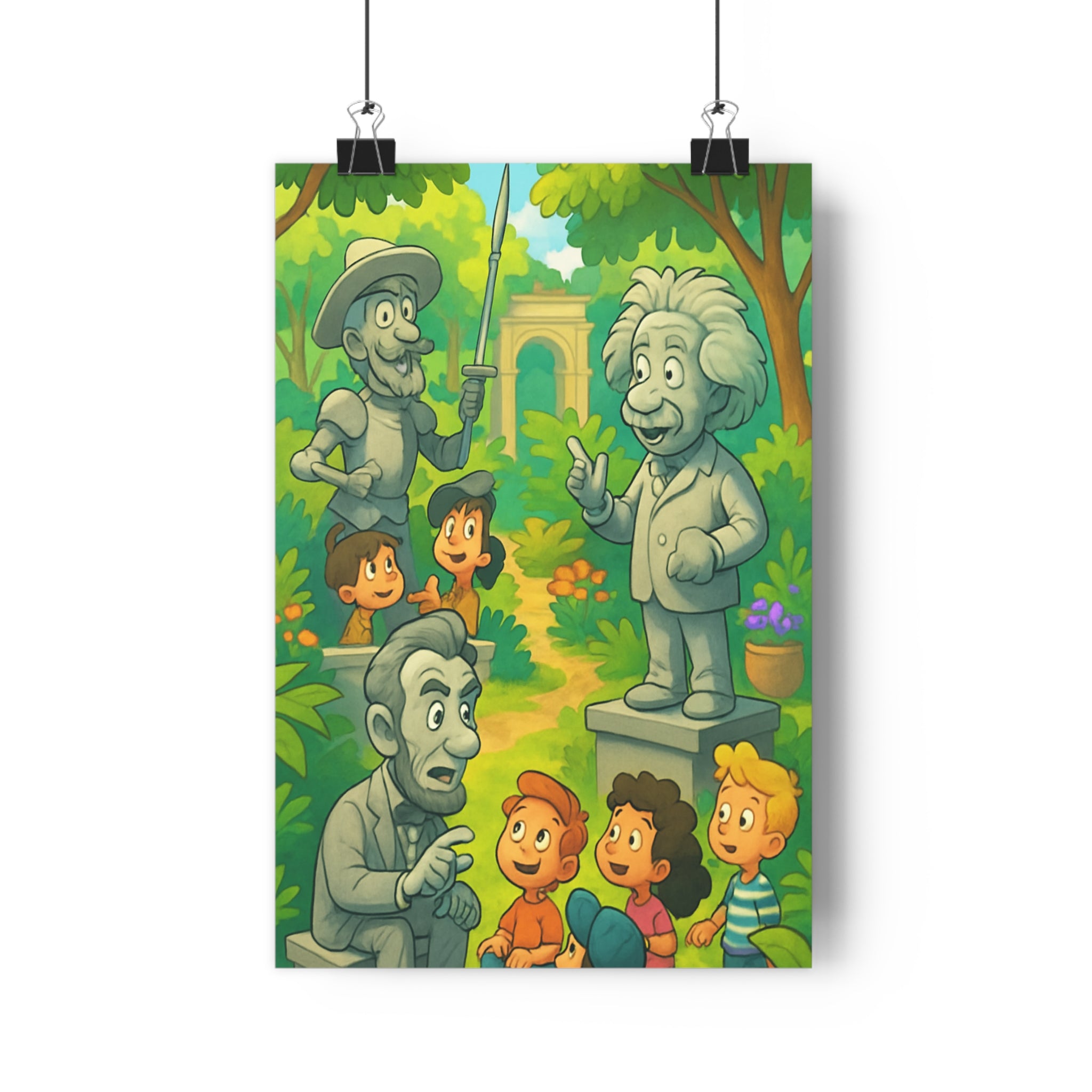 Poster décoratif cartoon vert coloré joyeux chambre enfant éducatif jardin statues personnages historiques qualité
