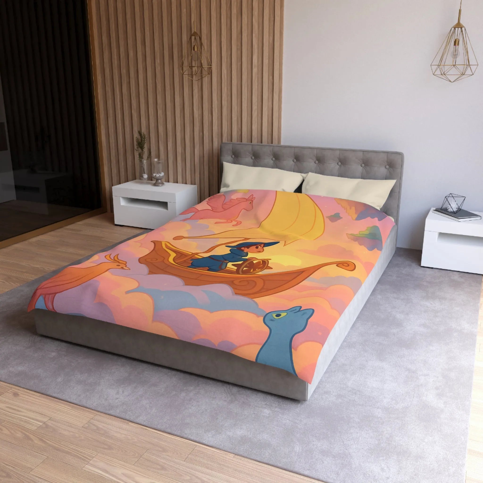 Housse de Couette Enchantée Avec Licorne et Bateau Volant Dans le Ciel Éthéré