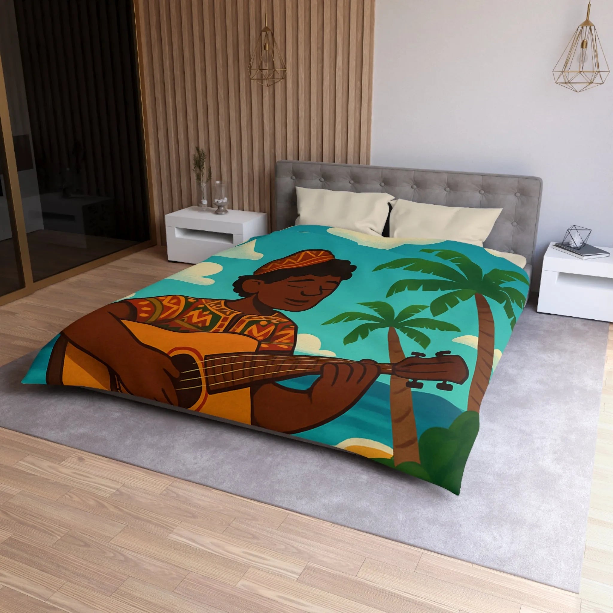 Housse de couette illustrée avec musicien joyeux sous les palmiers en bord de mer