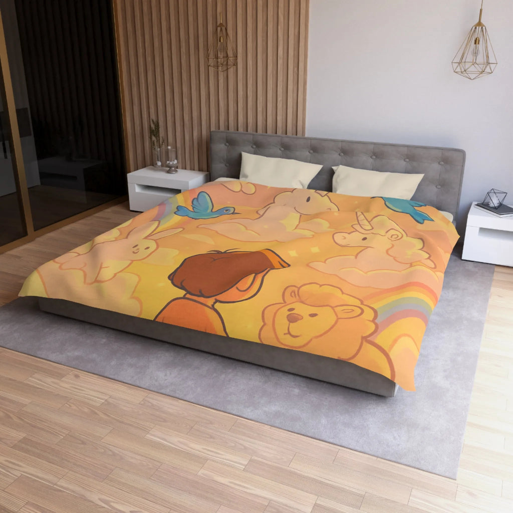 Housse de Couette Enfantine avec Licornes, Lapins et Oiseaux dans les Nuages Pastels