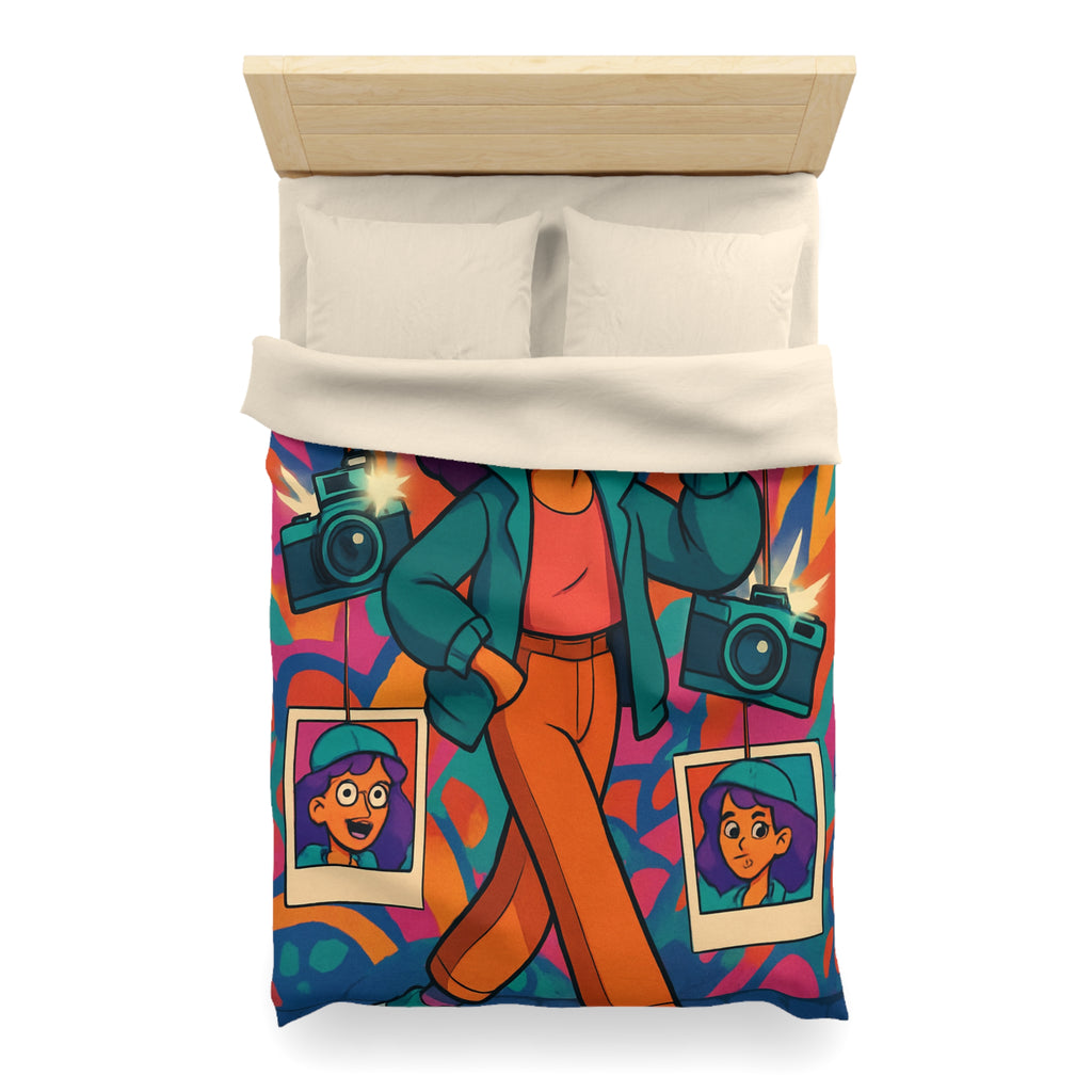 Housse de couette vivante avec personnage stylé marchant dans ambiance artistique colorée et ludique