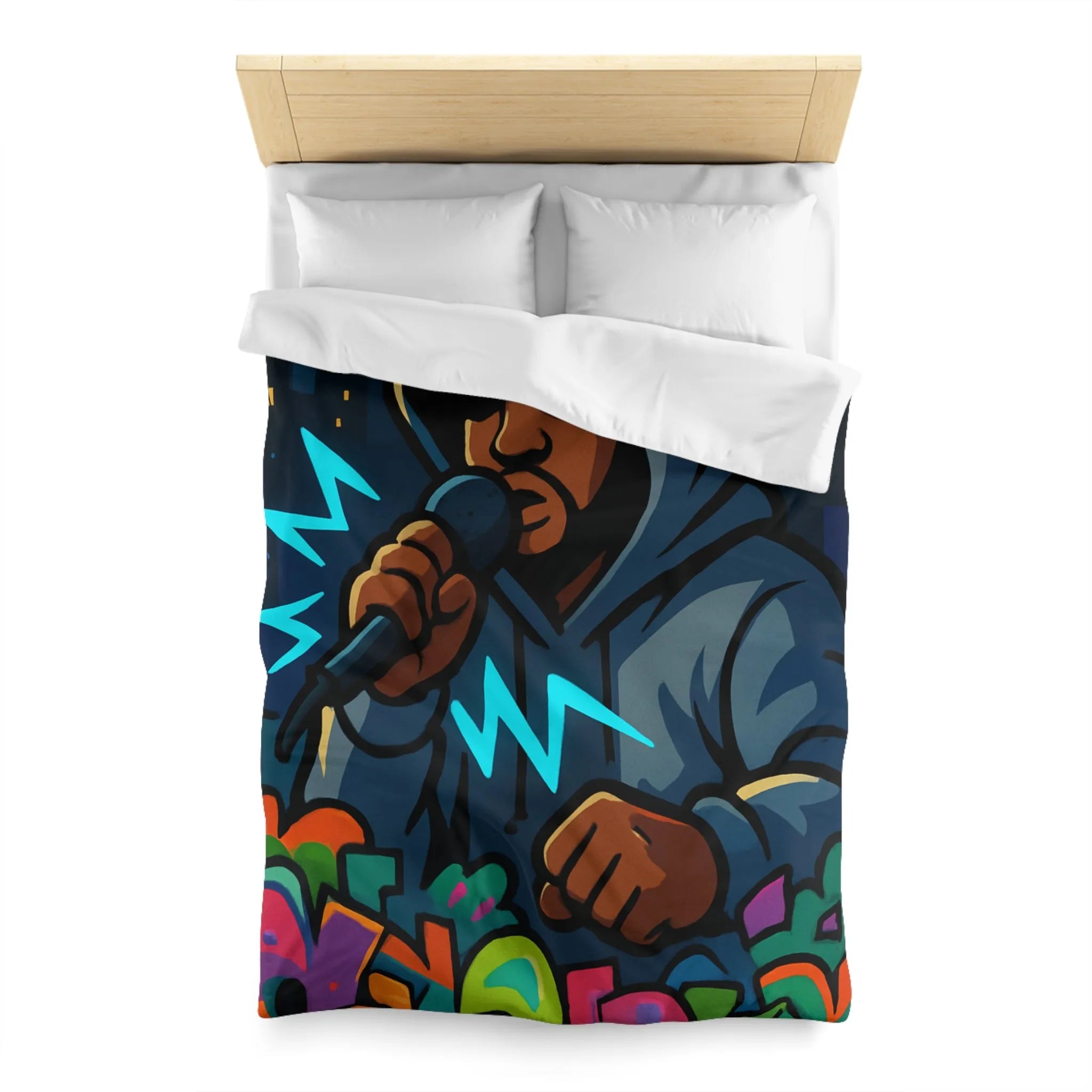 Housse de couette avec artiste hip-hop en hoodie et graffitis colorés de rue