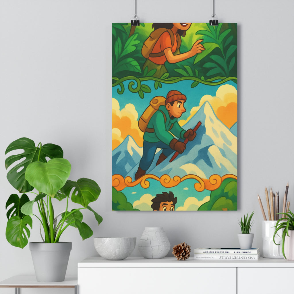 Poster décoratif aventure exploration cartoon vert bleu joyeux chambre salon bureau mural vibrant lumineux