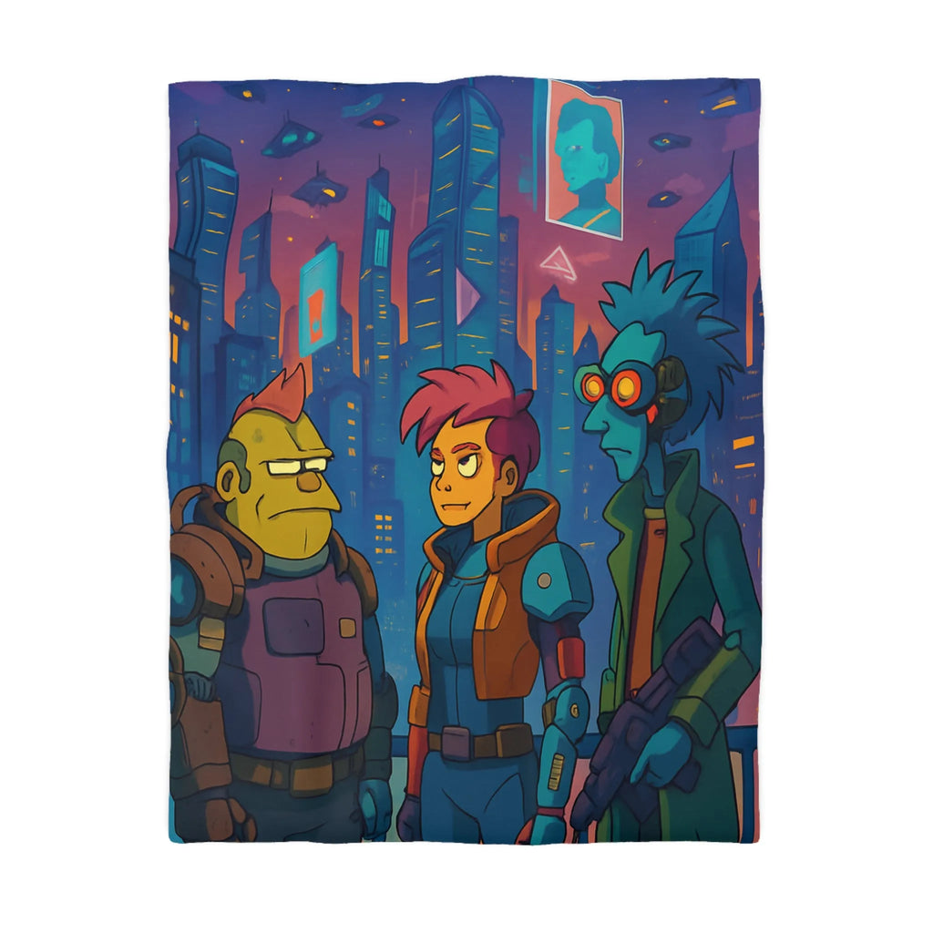 Housse de couette futuriste néon, personnages de science-fiction devant une ville cyberpunk