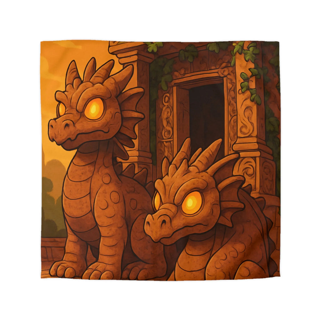 Housse de couette avec dragons en pierre ornant un temple ancien au crépuscule