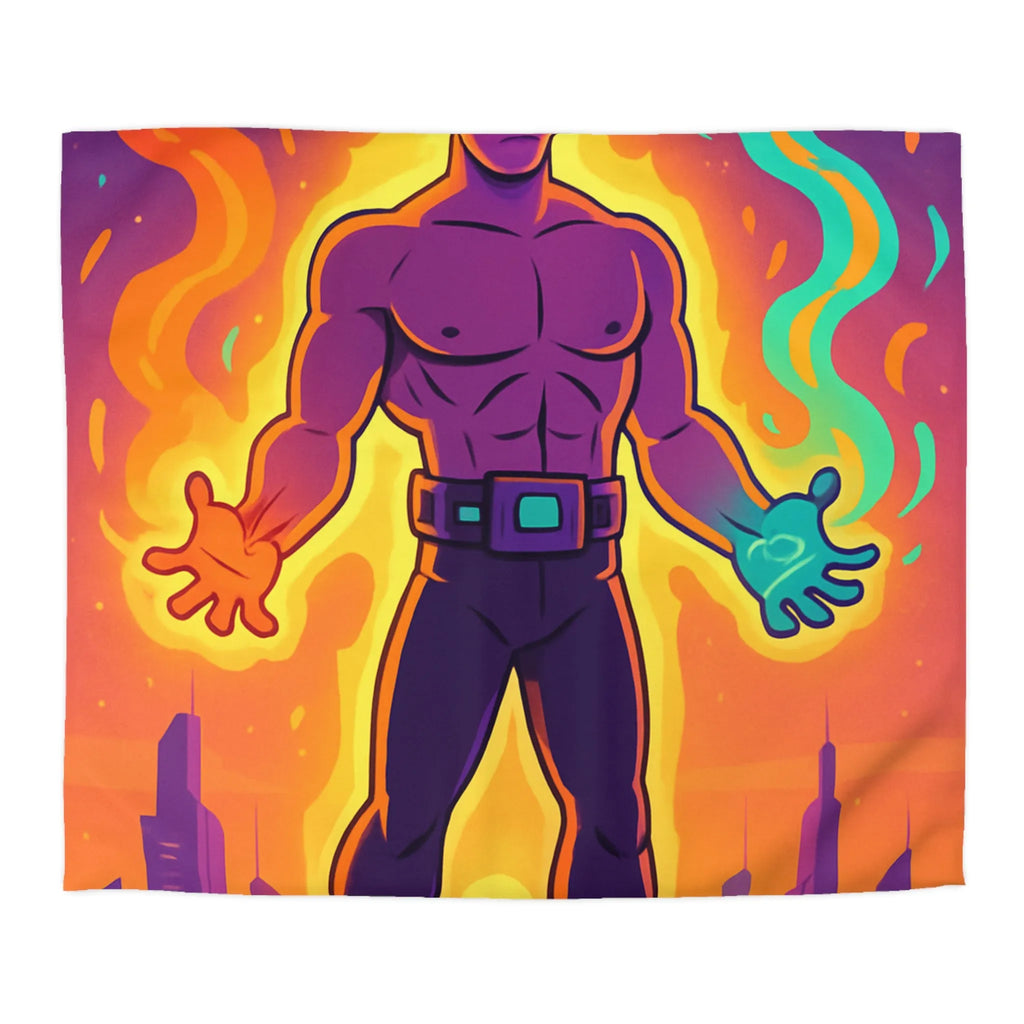 Housse de couette avec héros des éléments enflammés et lumineux sur fond de ville