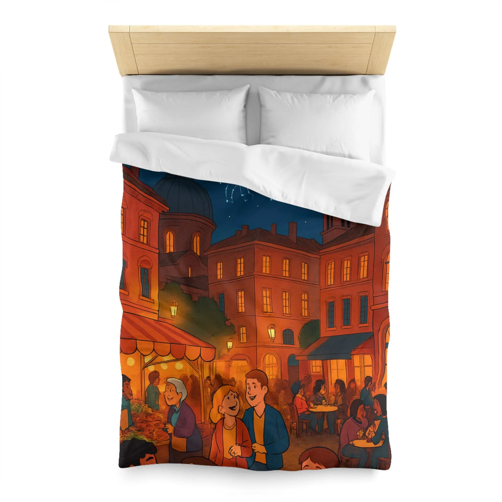 Housse de couette avec scène nocturne urbaine animée sous ciel étoilé