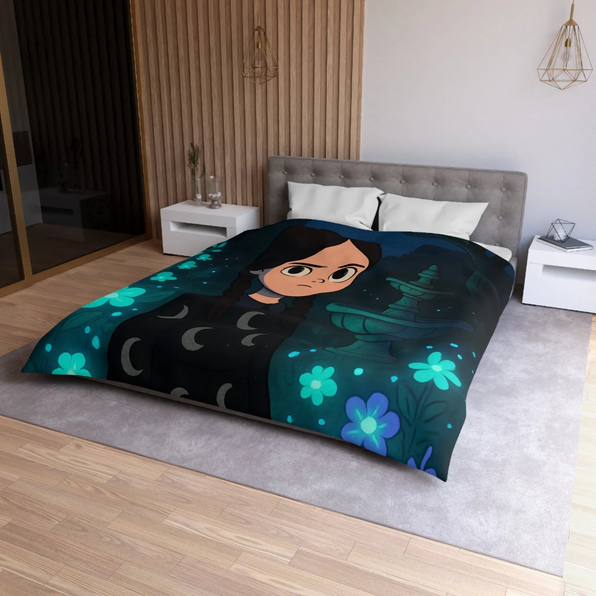 Housse de Couette Enfantine avec Motif Lune et Fleurs naturellement Nocture