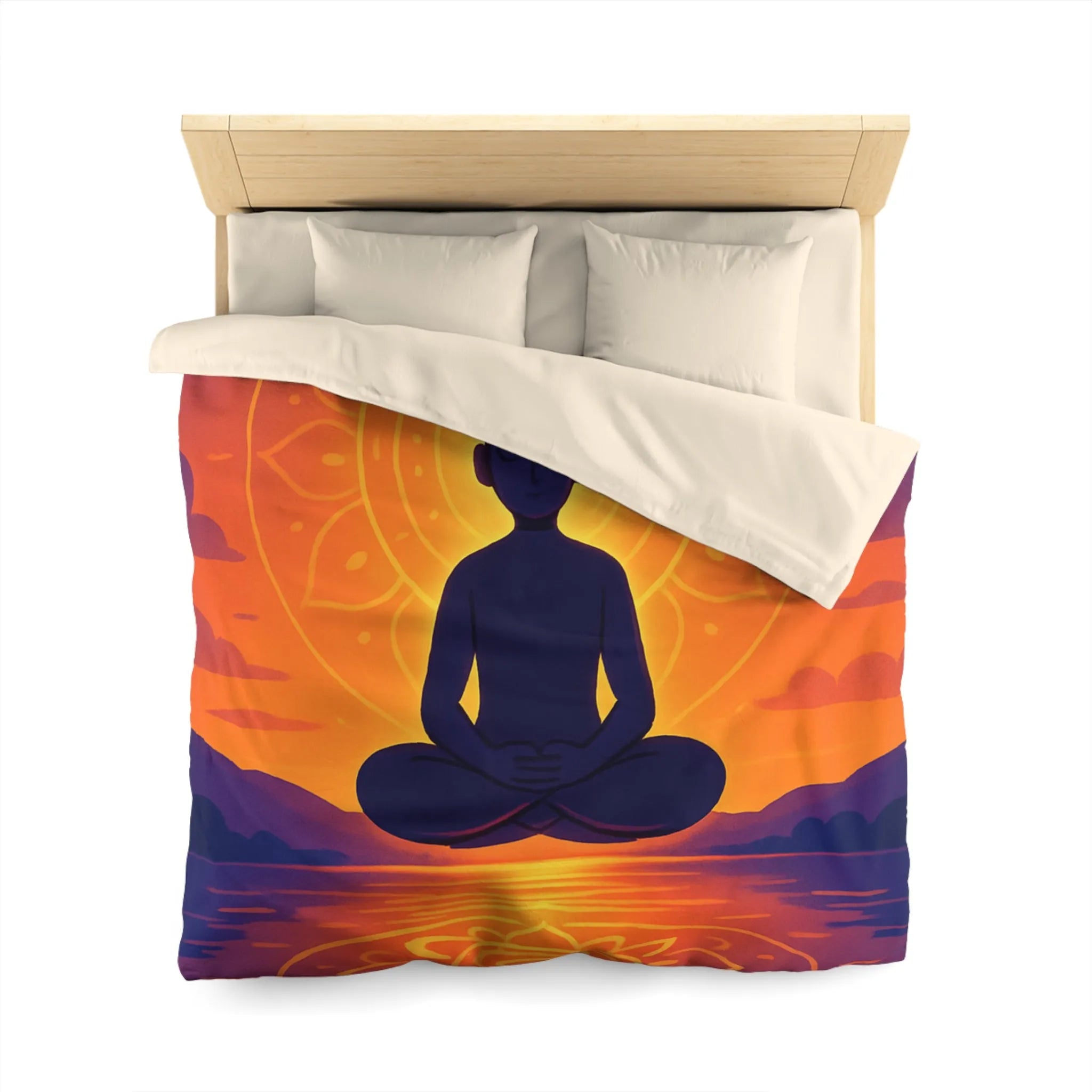 Housse de couette méditation silhouette au coucher de soleil avec reflet mandala lumineux