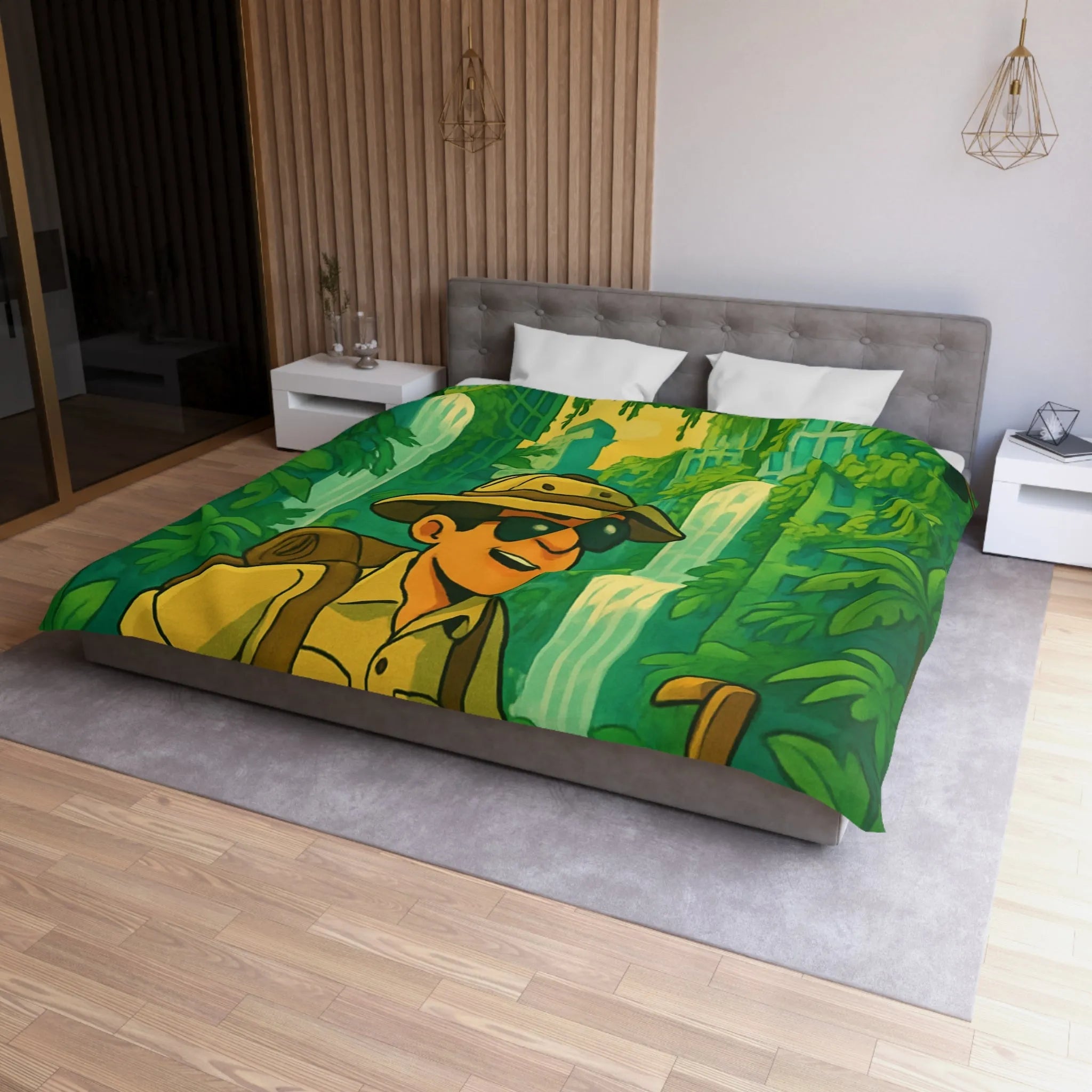 Housse de Couette Aventure Tropicale Multicolore avec Explorateur et Faune Luxuriante